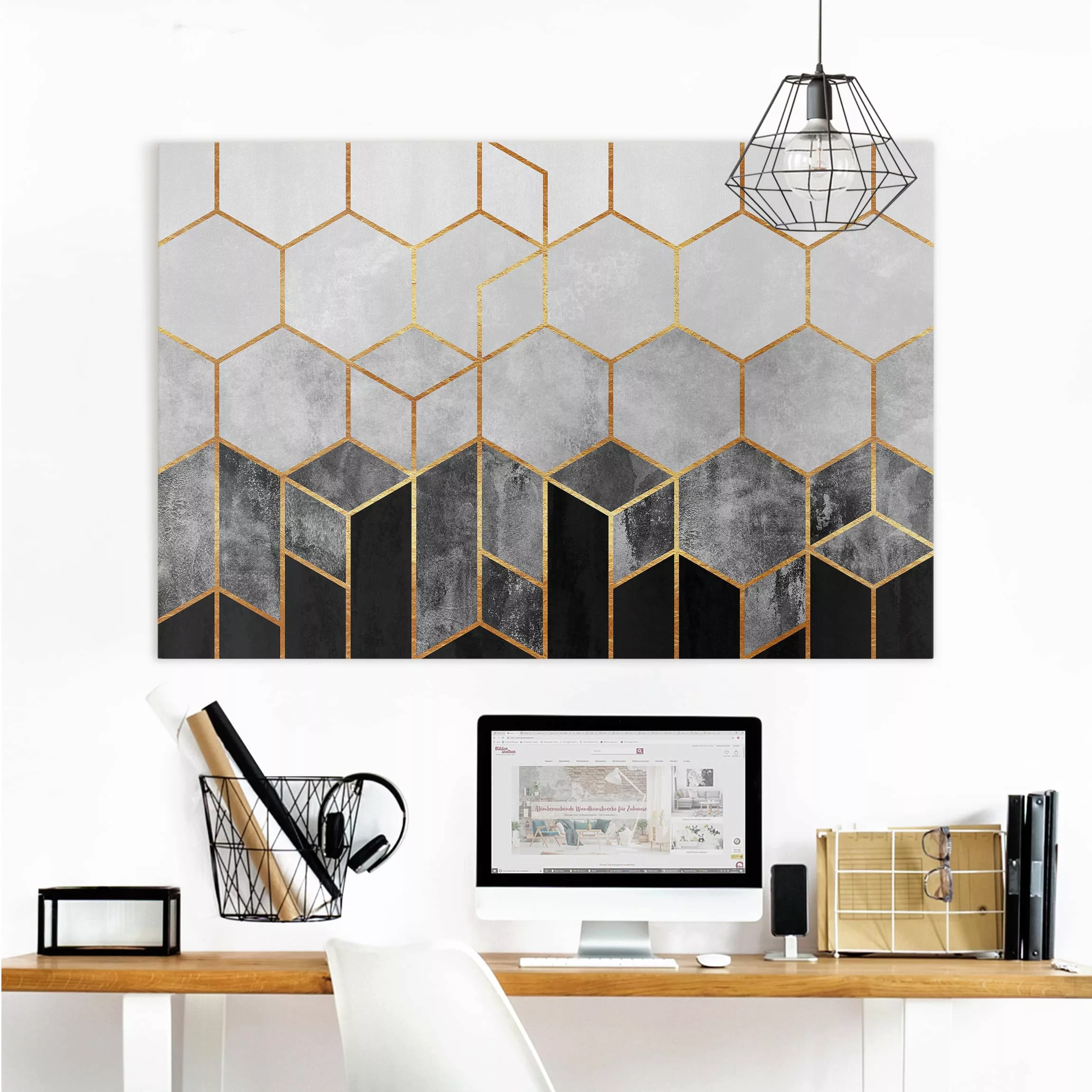 Leinwandbild Abstrakt - Querformat Goldene Sechsecke Schwarz Weiß günstig online kaufen