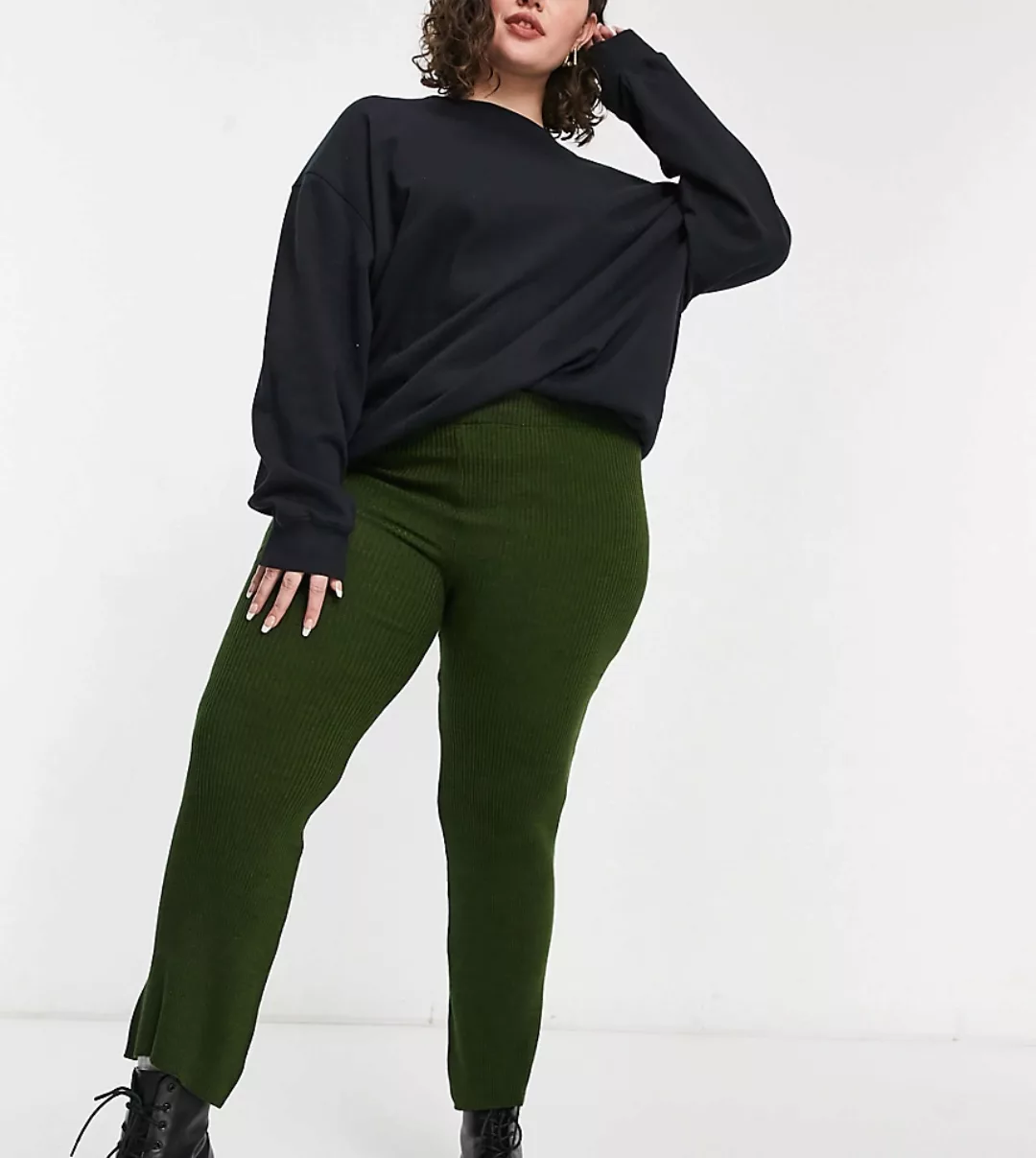 Fashionkilla Plus – Strickhose in Khaki mit weitem Bein-Grün günstig online kaufen