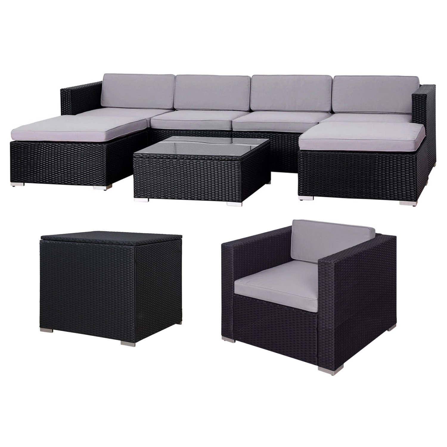 Svita Lugano XL Gartenlounge Polyrattan Sessel Tisch Bank Kissenbox Schwarz günstig online kaufen