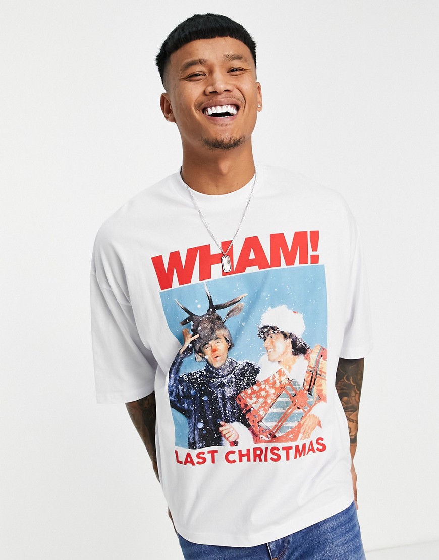 ASOS DESIGN – Oversize-T-Shirt in Weiß mit Wham Christmas-Print günstig online kaufen