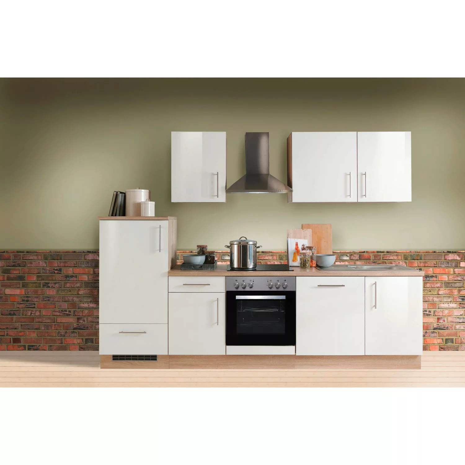 Menke Küchenzeile Premium 280 cm Weiß Hochglanz-Sonoma Eiche Nachbildung günstig online kaufen