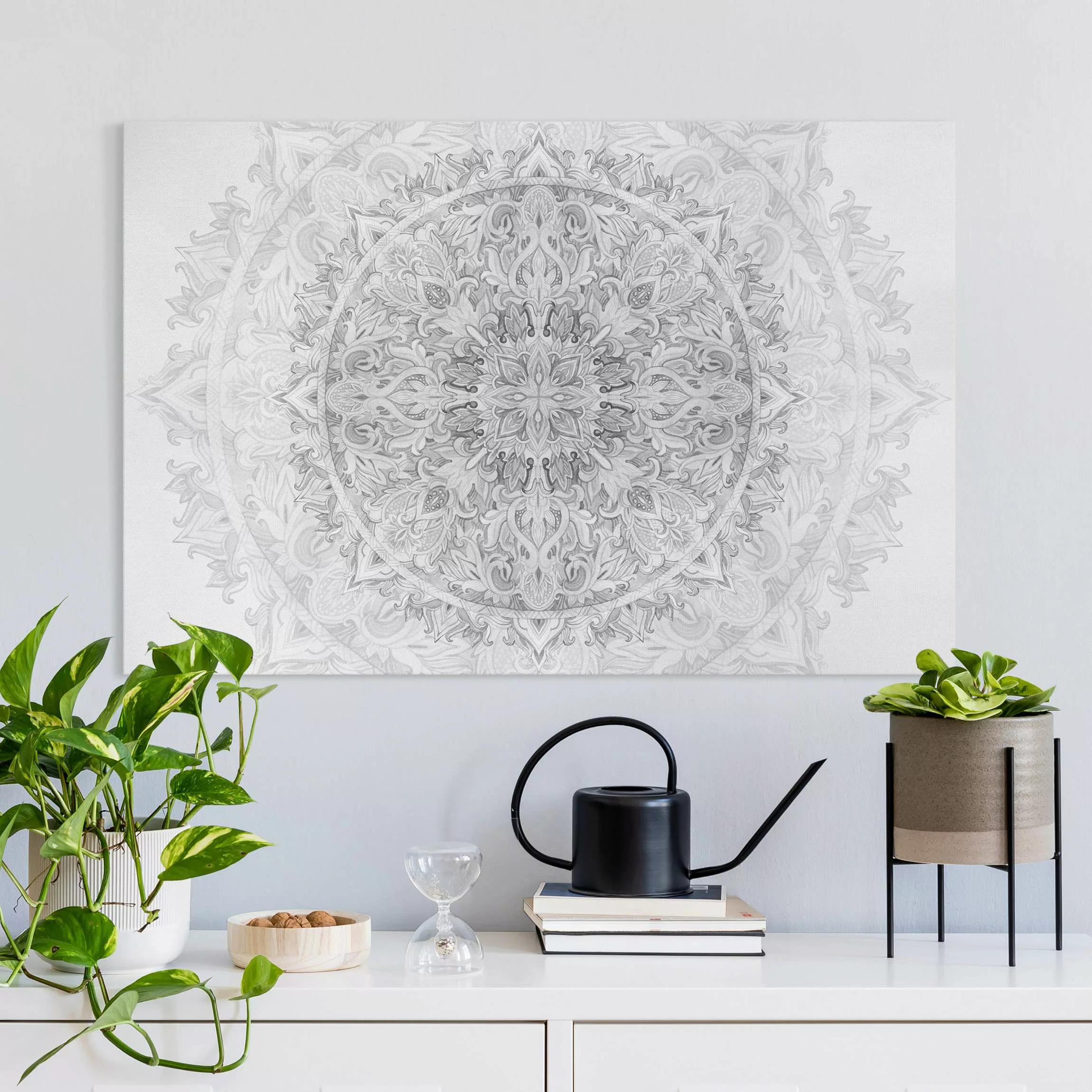 Leinwandbild Mandala Aquarell Ornament Muster Schwarz-Weiß günstig online kaufen