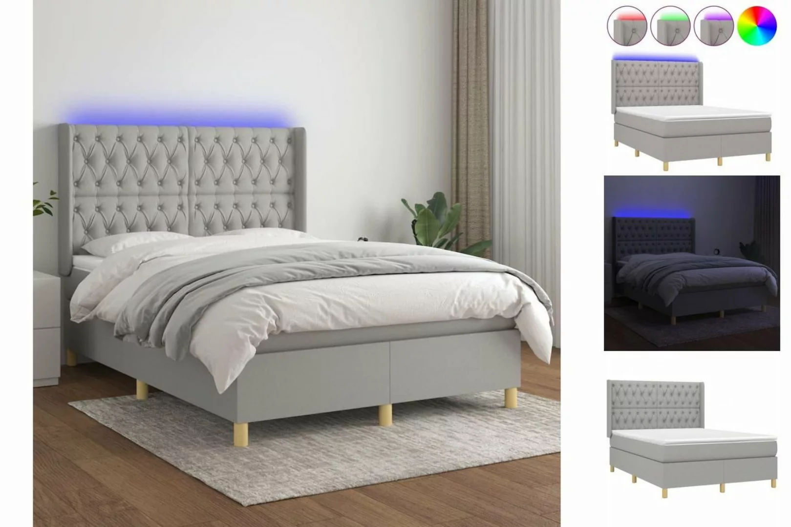 vidaXL Bettgestell Boxspringbett mit Matratze LED Hellgrau 140x200 cm Stoff günstig online kaufen