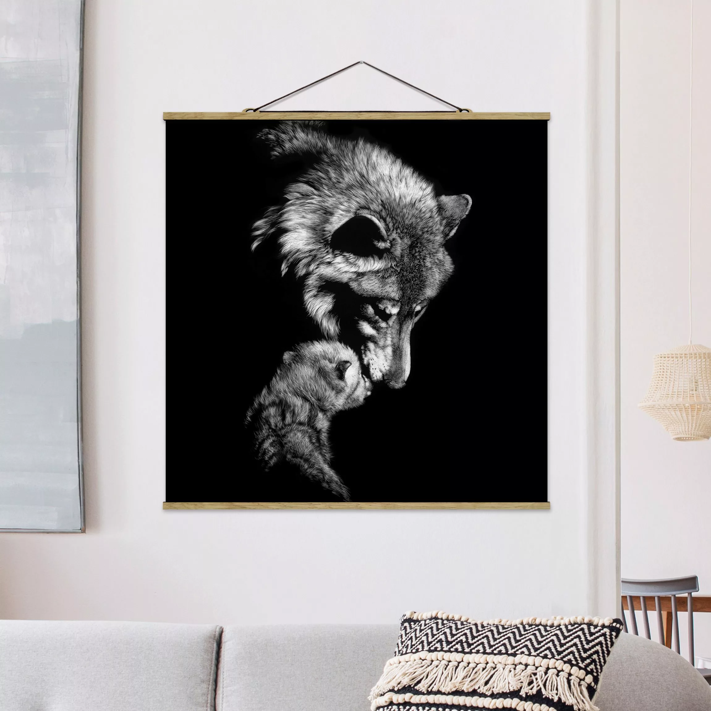 Stoffbild Tiere mit Posterleisten - Quadrat Wolf vor Schwarz günstig online kaufen