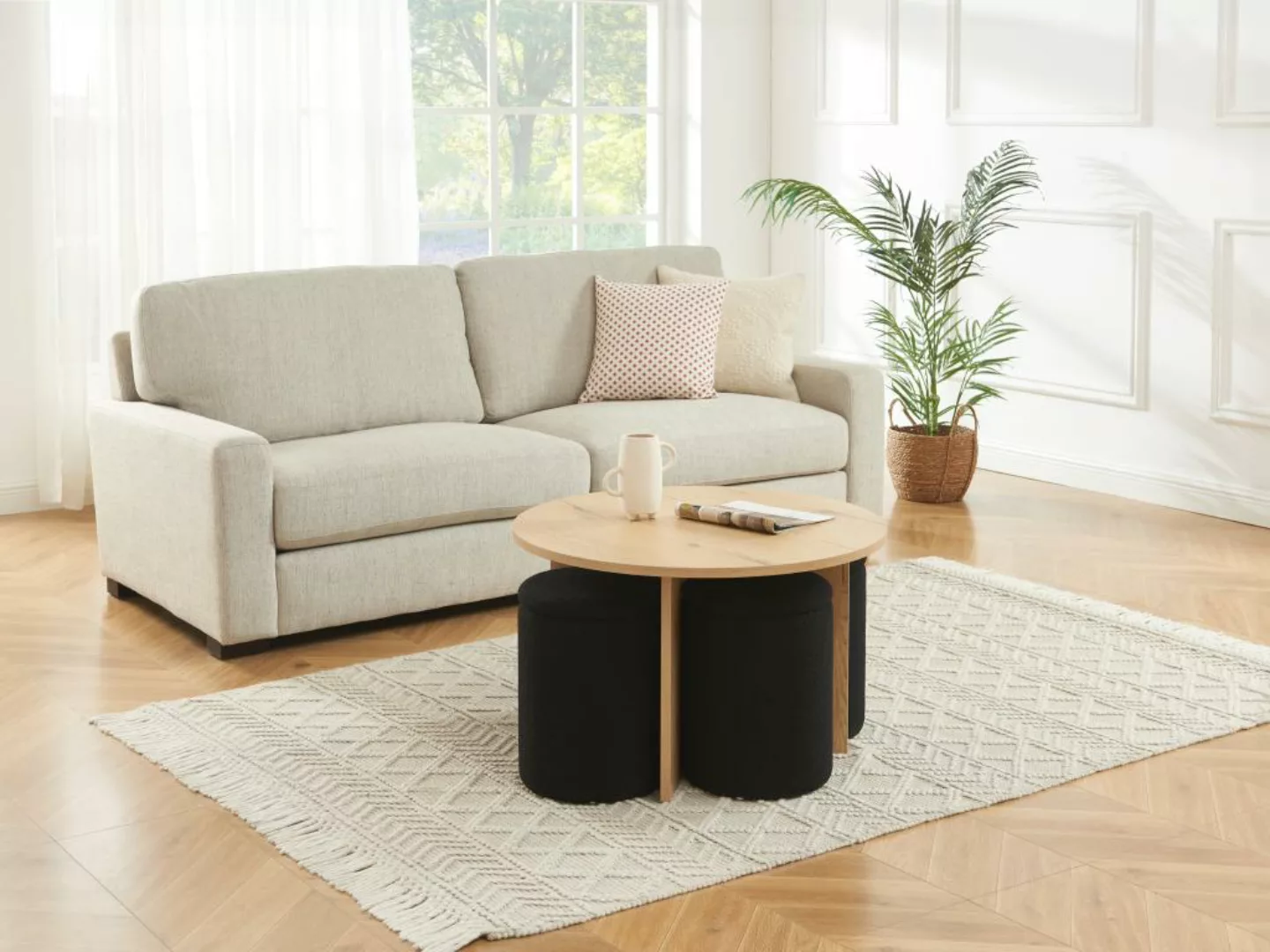 Couchtisch aus MDF + 4 Hocker aus Bouclé-Stoff - Holzfarben & Schwarz - AKS günstig online kaufen