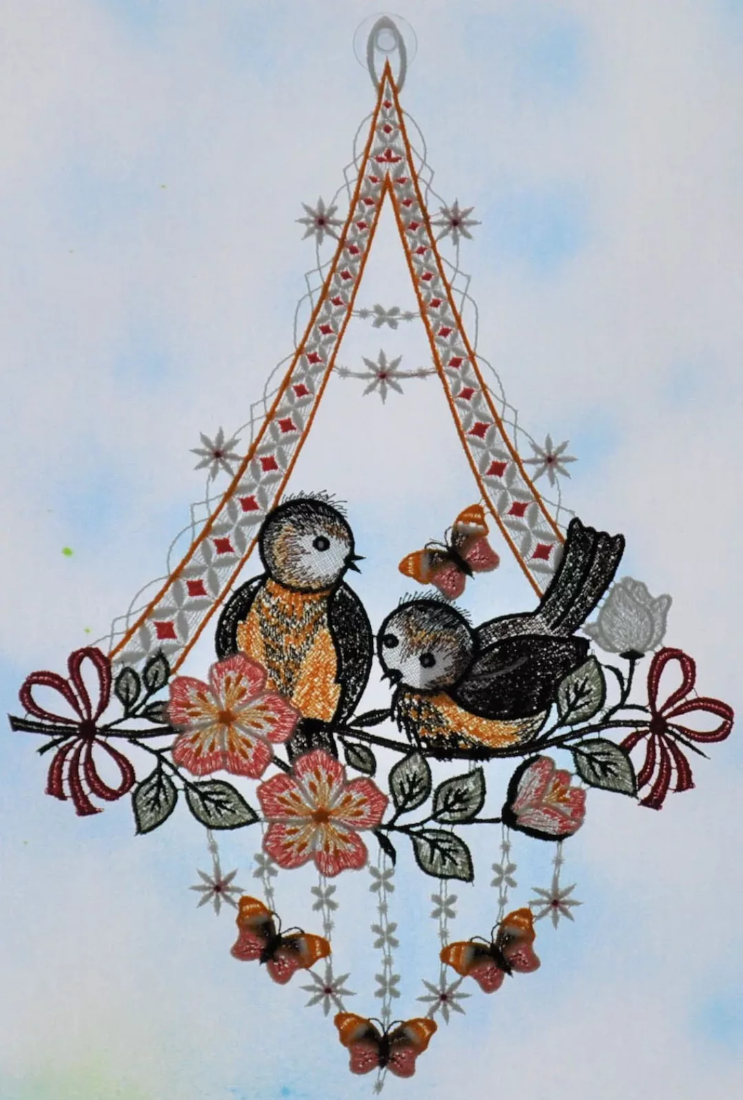 Stickereien Plauen Fensterbild "Vögel mit Schmetterling" günstig online kaufen