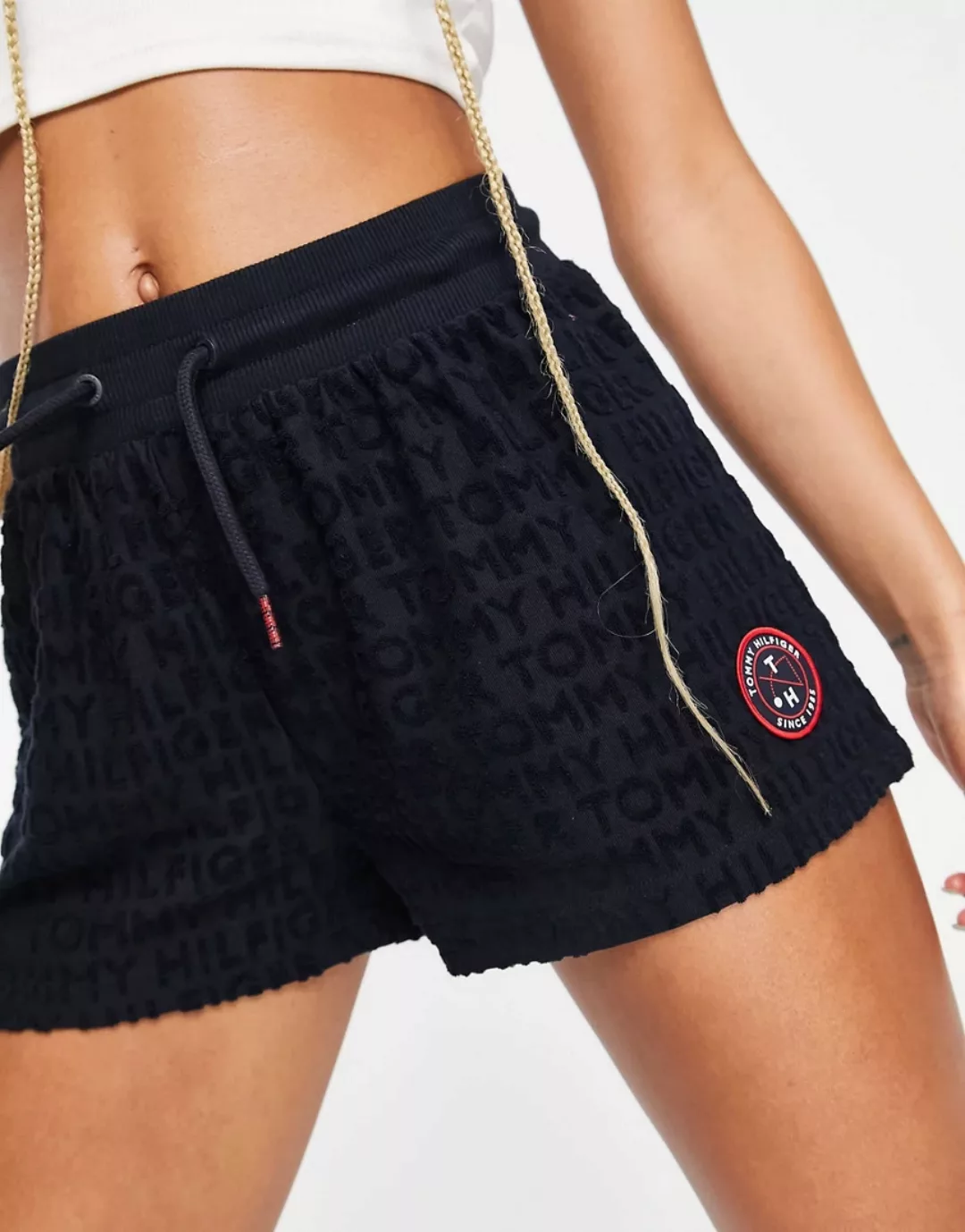 Tommy Hilfiger – Lounge-Shorts aus Frottee im Retro-Look in Marineblau günstig online kaufen