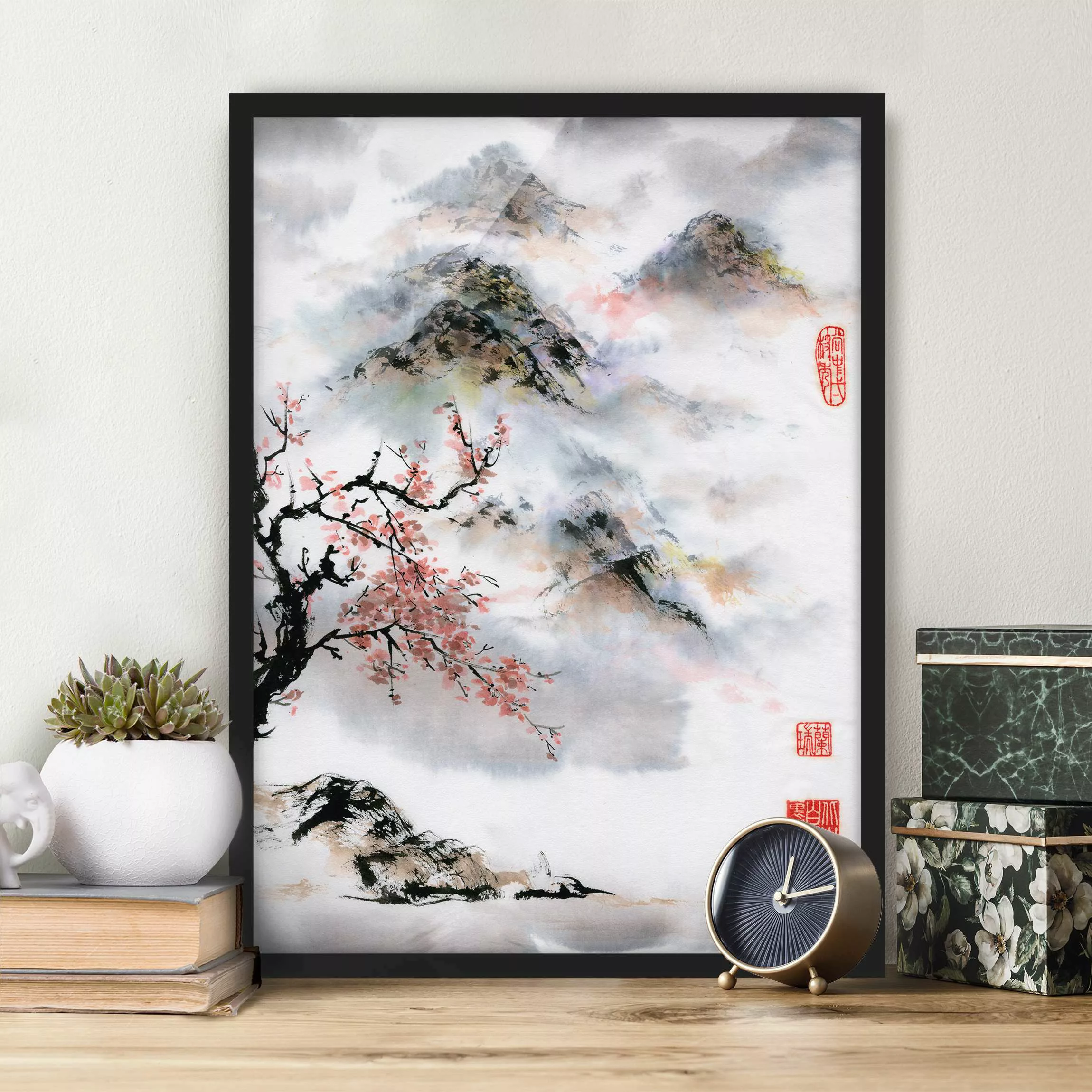 Bild mit Rahmen Blumen - Hochformat Japanische Aquarell Zeichnung Kirschbau günstig online kaufen