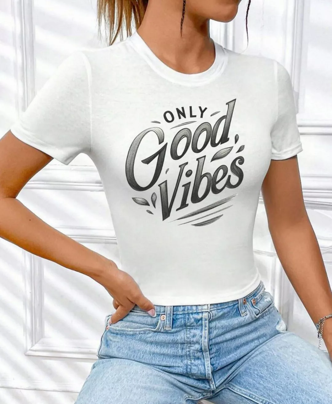 RMK T-Shirt Damen Freizeitshirt Bluse Top kurzarm Rundhals mit "Only Good V günstig online kaufen