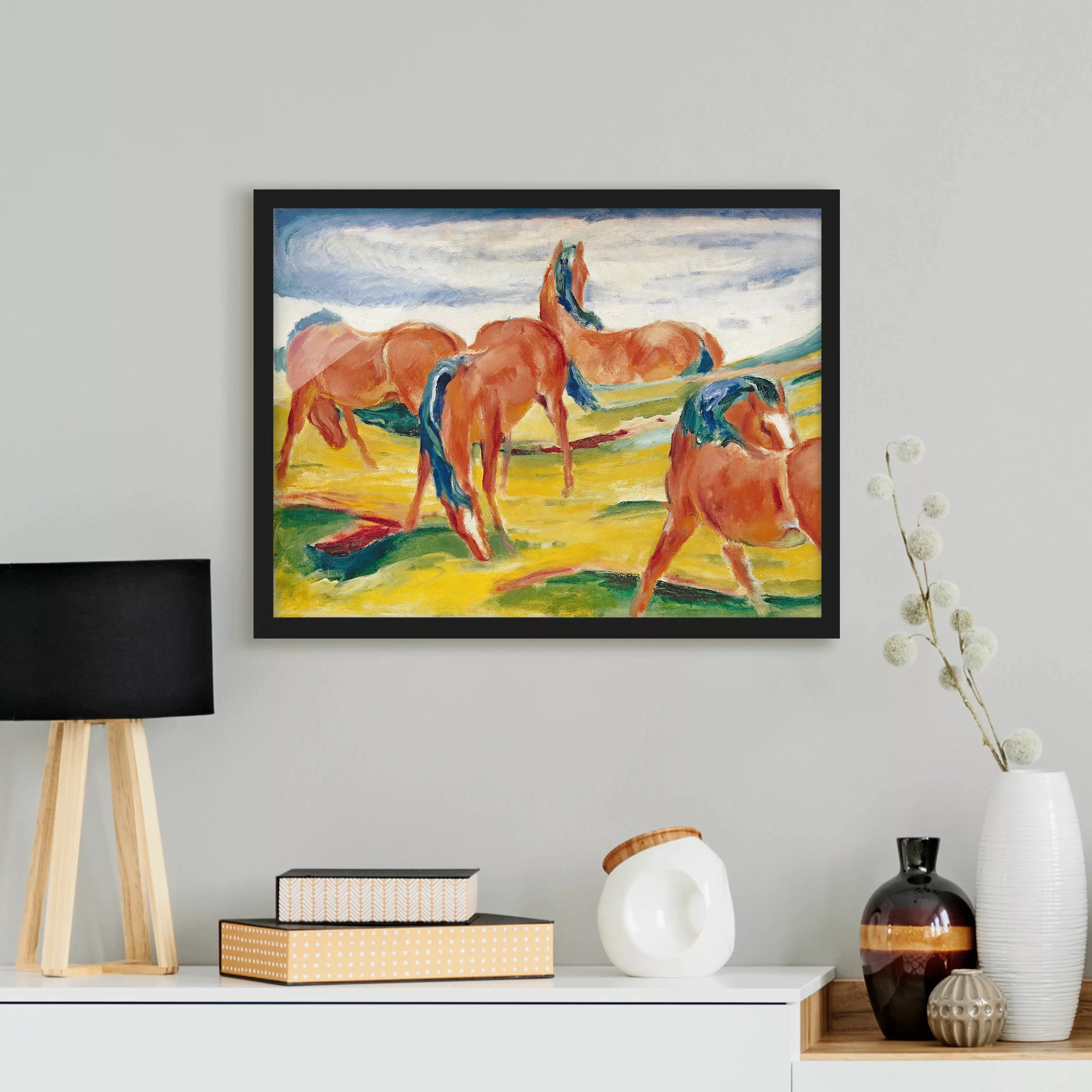 Bild mit Rahmen Kunstdruck - Querformat Franz Marc - Weidende Pferde günstig online kaufen