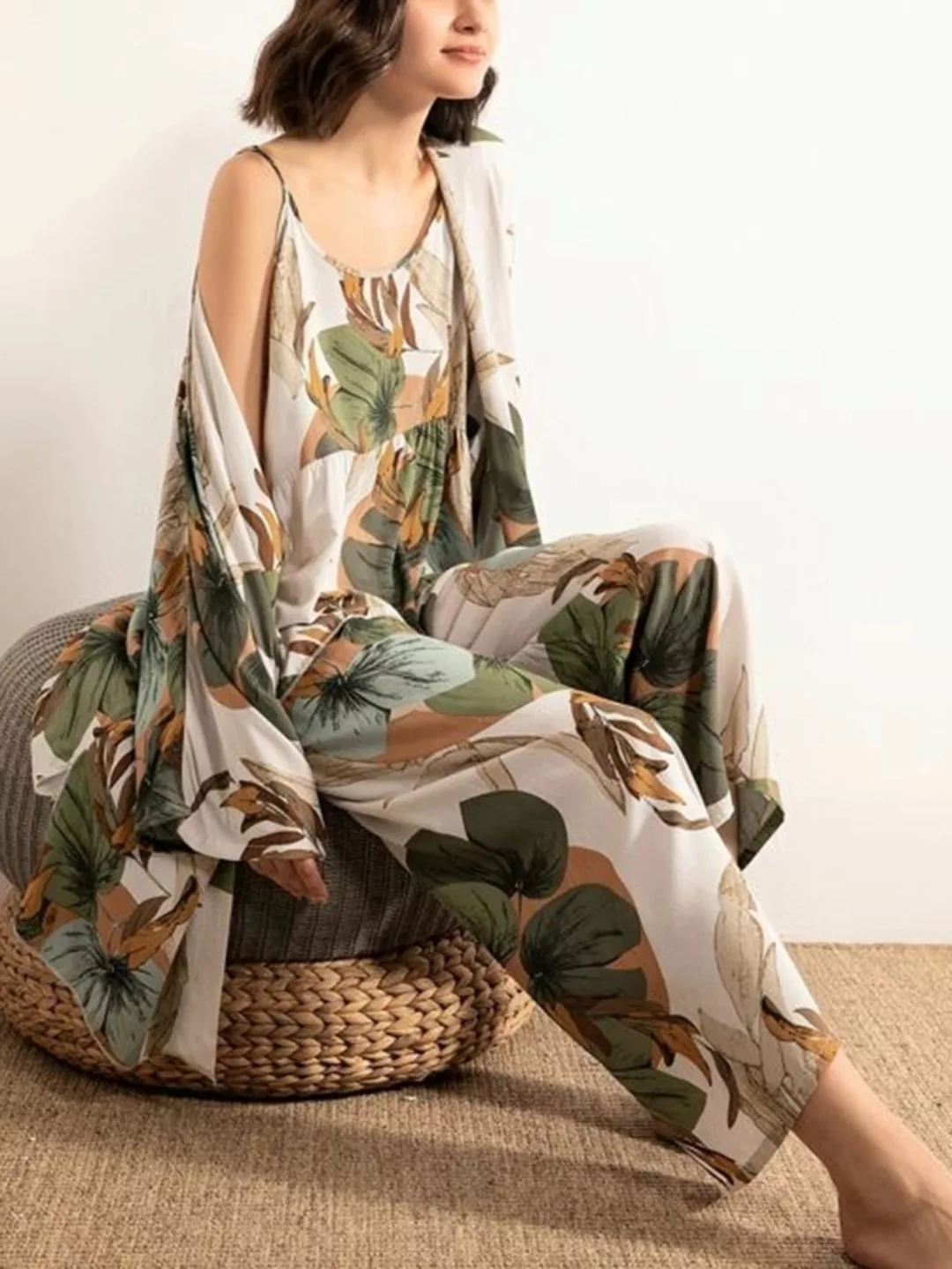 Damen Vintage Plant Print Loose 3 Stück Homewear Thin Pyjamas Set für den H günstig online kaufen