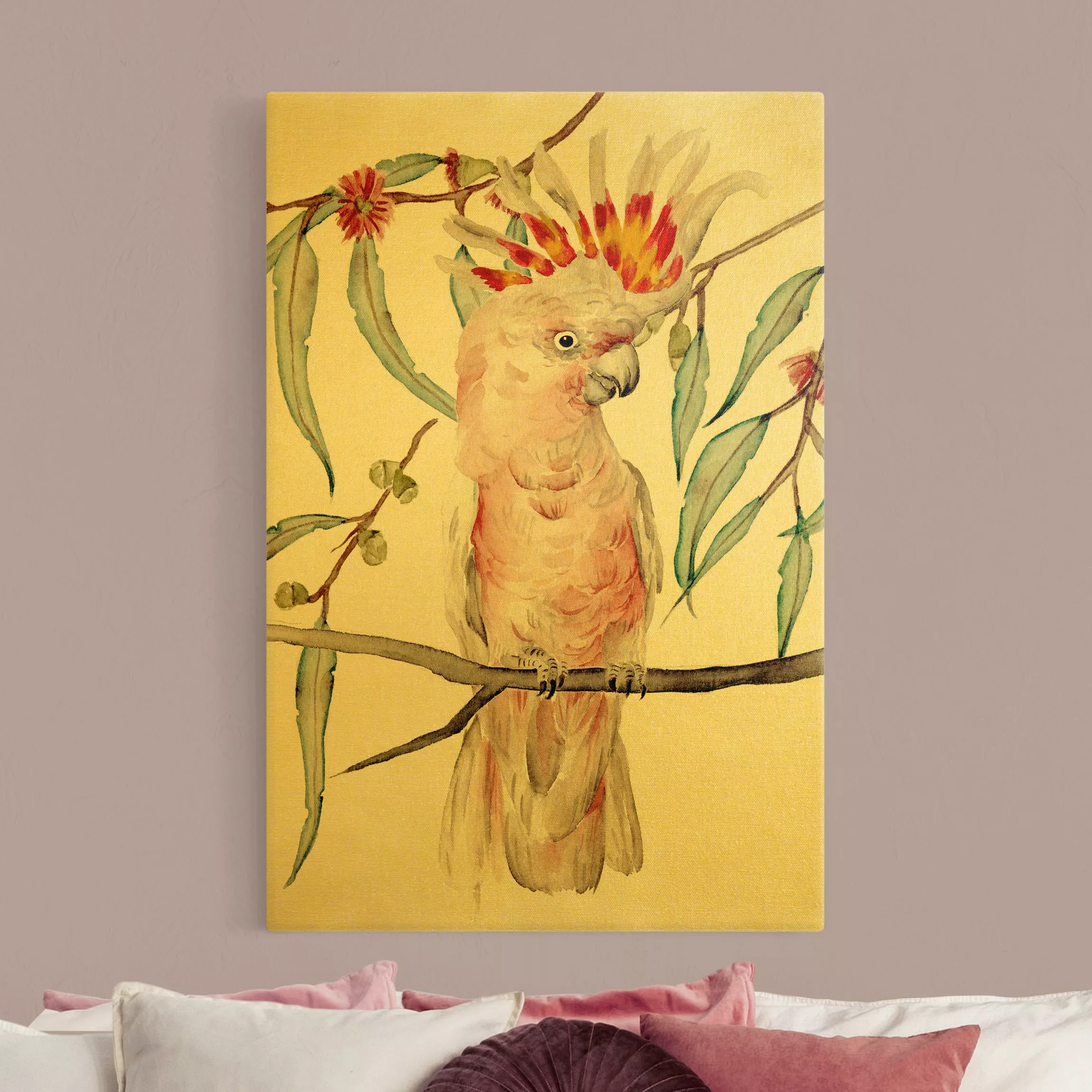 Leinwandbild Gold Kakadu mit Rosa Federn günstig online kaufen