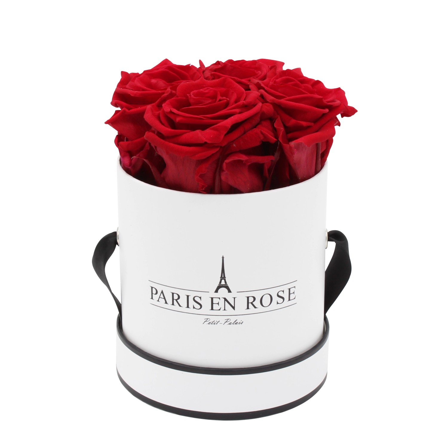 Rosenbox Ø 10 cm Weiß-Schwarz mit 4 Bordeaux Rosen günstig online kaufen