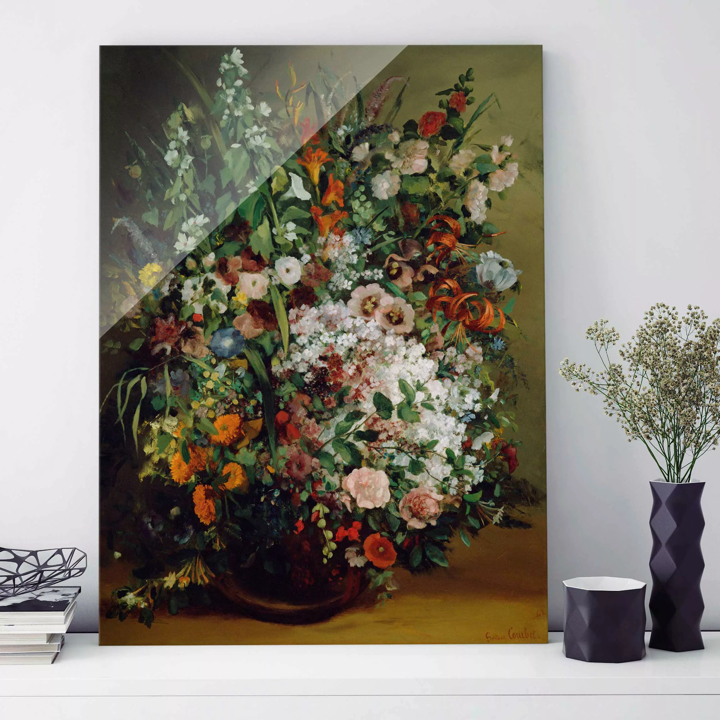 Glasbild Kunstdruck - Hochformat Gustave Courbet - Blumenstrauß in Vase günstig online kaufen