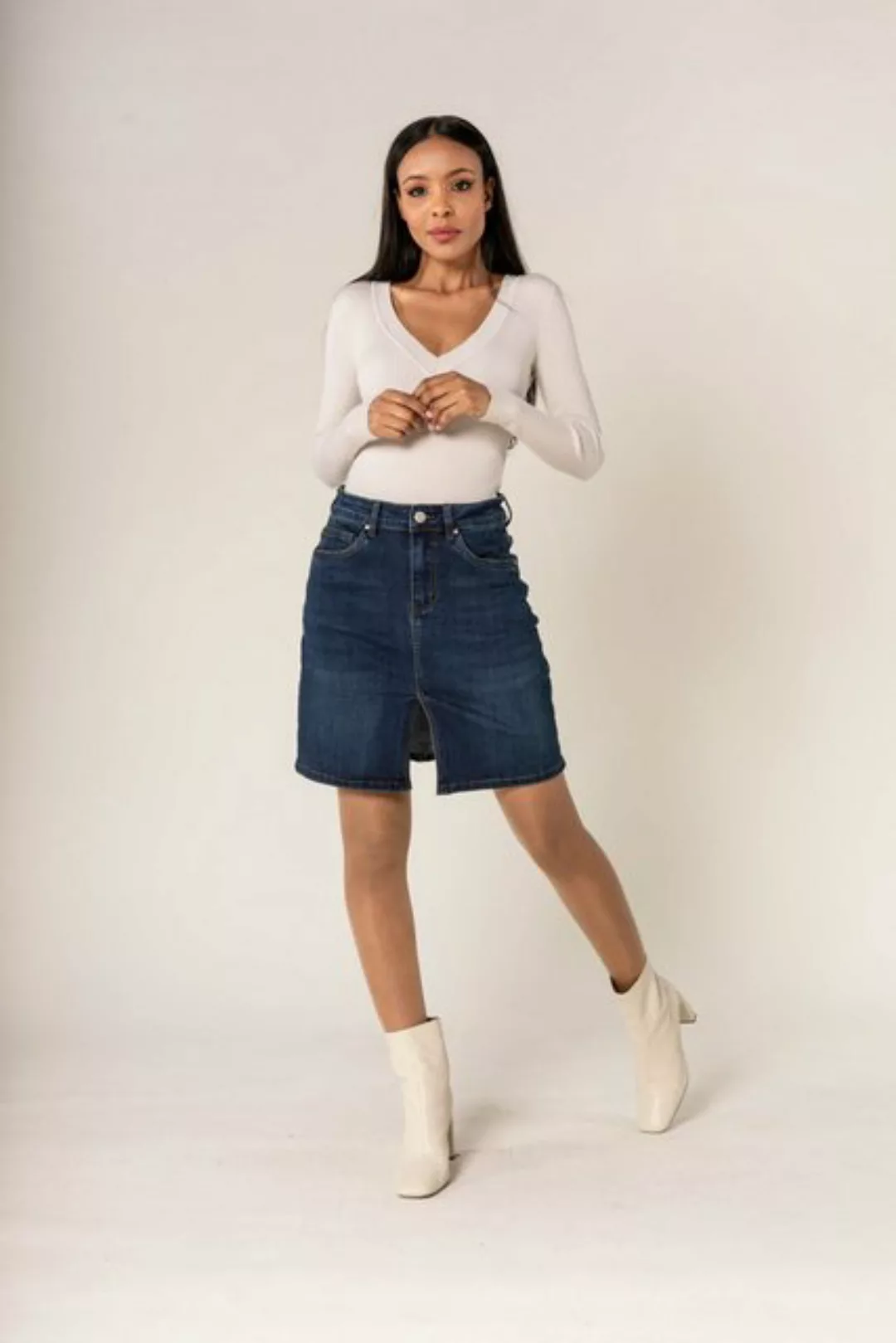 Nina Carter Sommerrock 5-Pocket Mini Jeansrock mit Schlitz Knie Lang Stretc günstig online kaufen