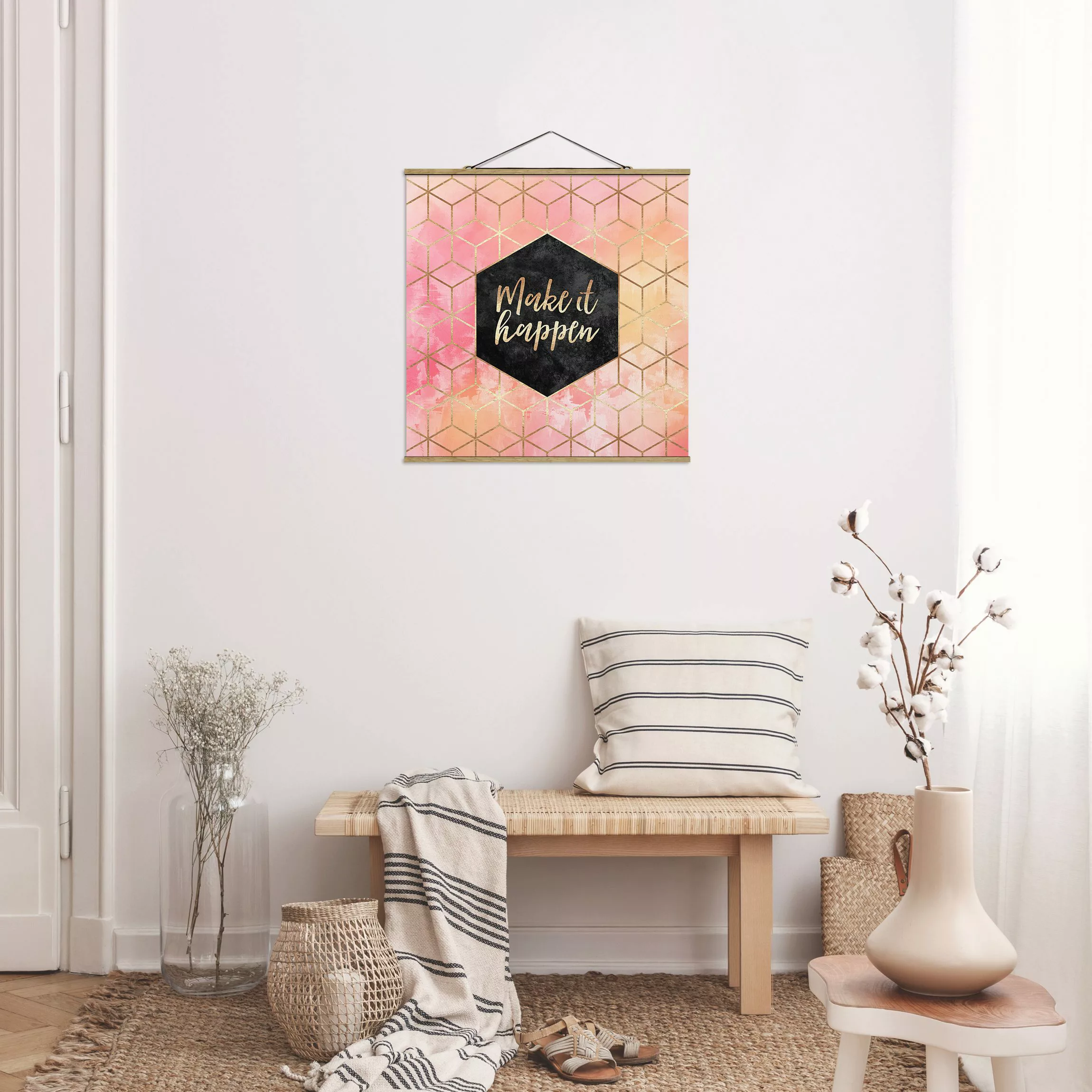 Stoffbild Spruch mit Posterleisten - Quadrat Make It Happen Geometrie Paste günstig online kaufen