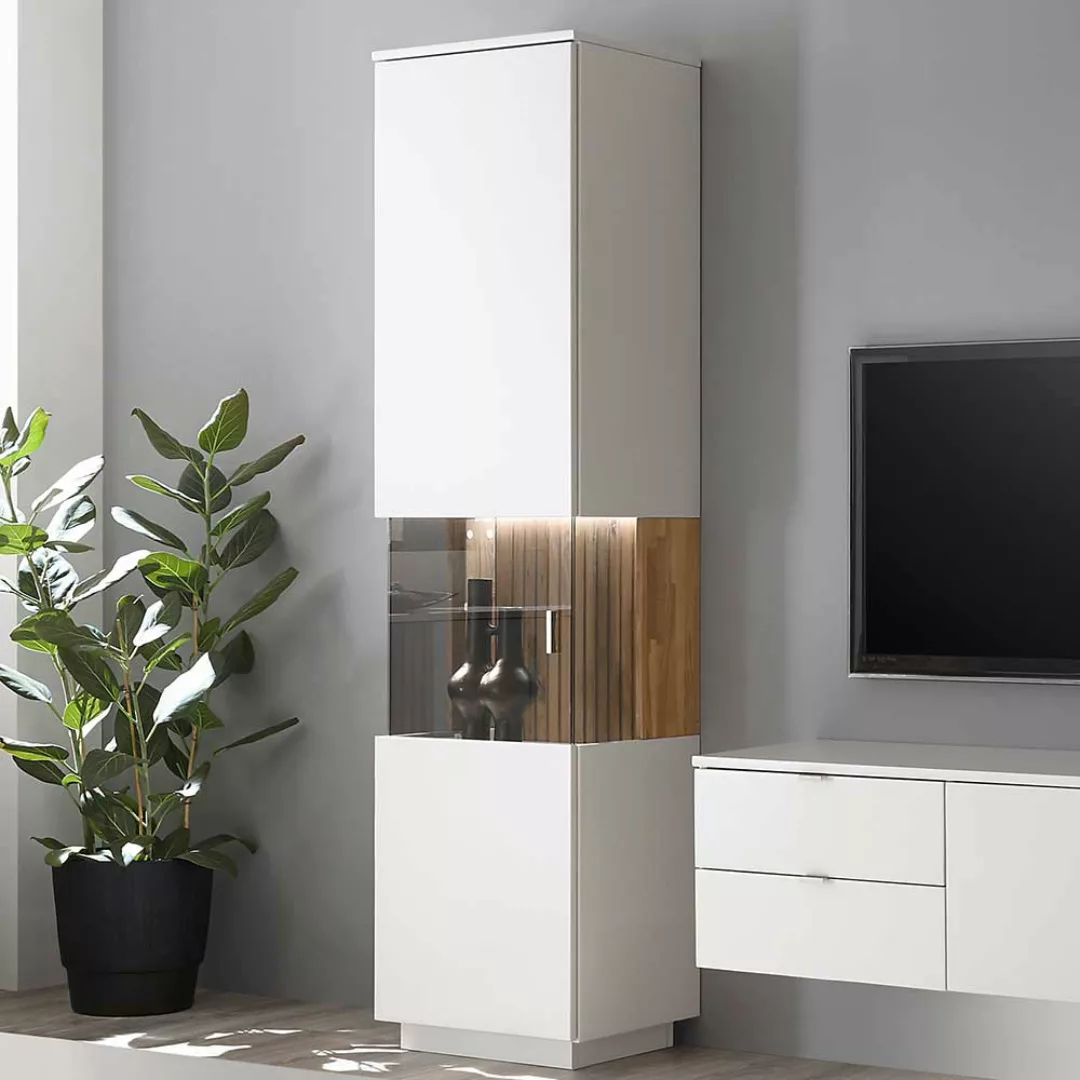 Wohnzimmer Schrank Vitrine in Eiche Bianco und Weiß 204 cm hoch günstig online kaufen