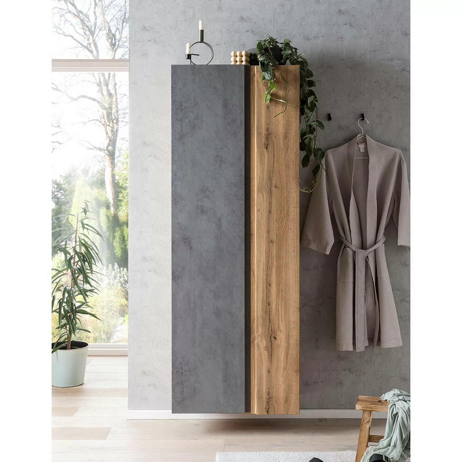 Lomadox Hochschrank VASTO-03-CONCRETE Badezimmer 65cm in Wotan Eiche Nb. mi günstig online kaufen