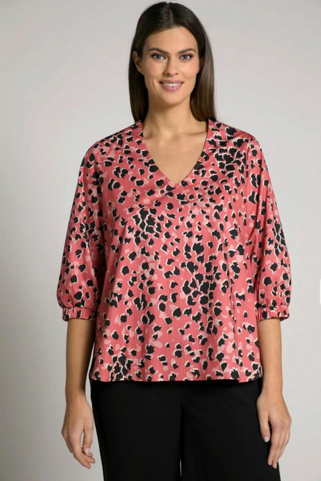 Ulla Popken Longbluse Bluse Animal-Druck A-Linie V-Ausschnitt 3/4-Arm günstig online kaufen