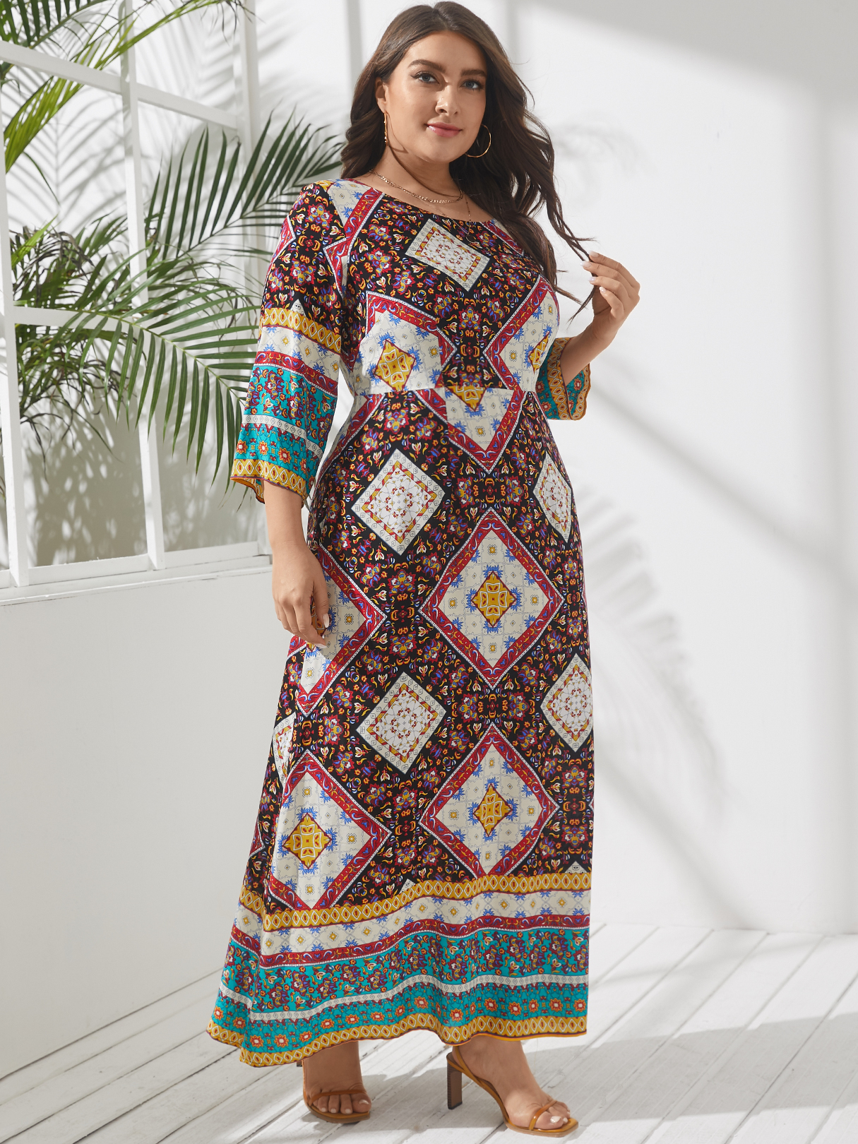 YOINS Plus Größe Rundhals Tribal 3/4 Länge Ärmel Maxi Kleid günstig online kaufen