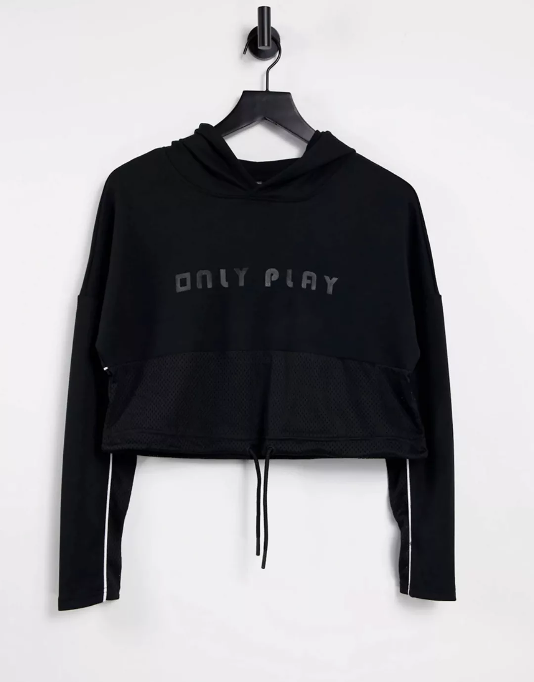 Only – Play – Kurzer, schwarzer Kapuzenpullover mit Netzstoff und Kordel im günstig online kaufen