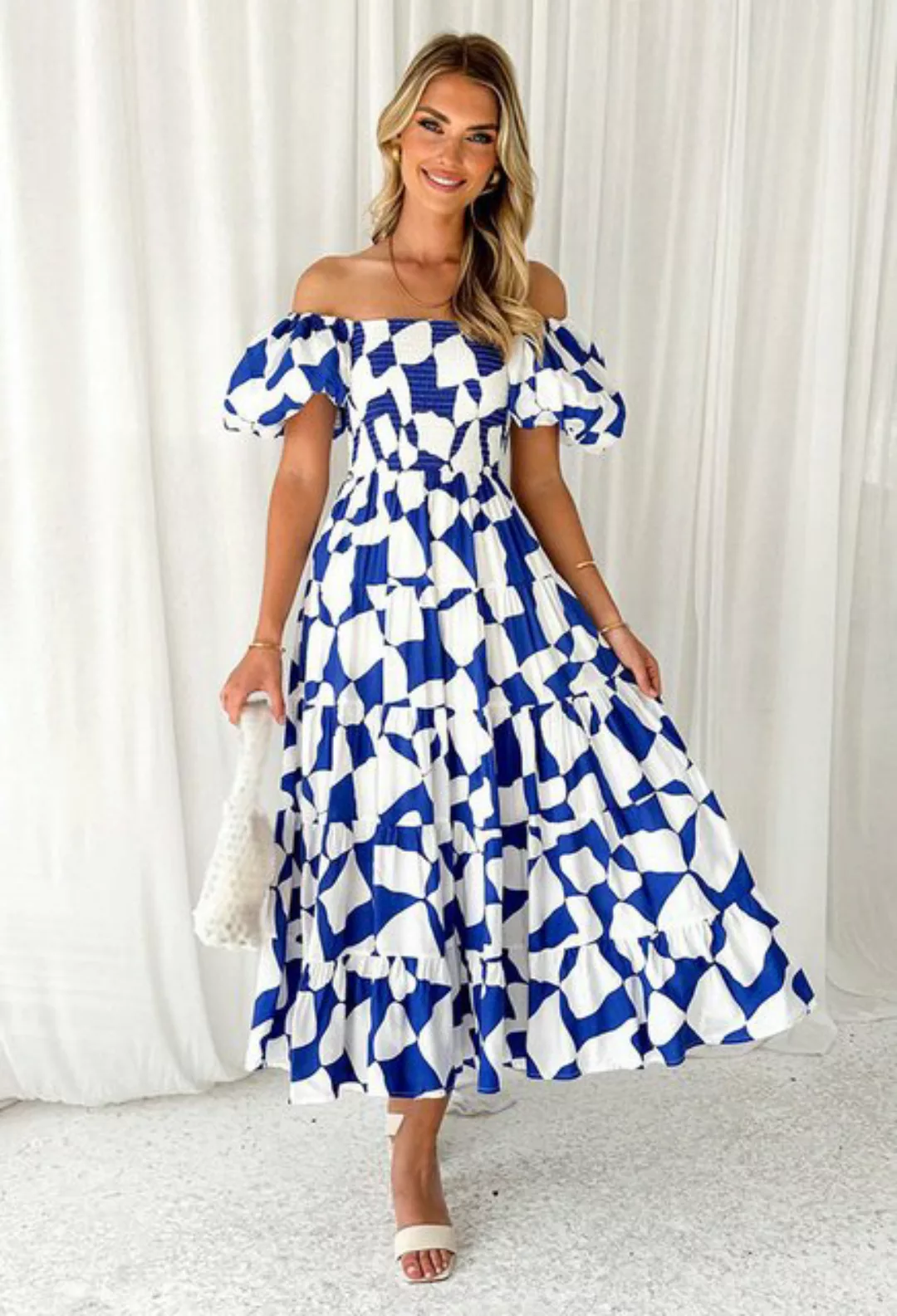 CHENIN Off-Shoulder-Kleid Bedrucktes Tutu-Kleid mit U-Boot-Ausschnitt Damen günstig online kaufen