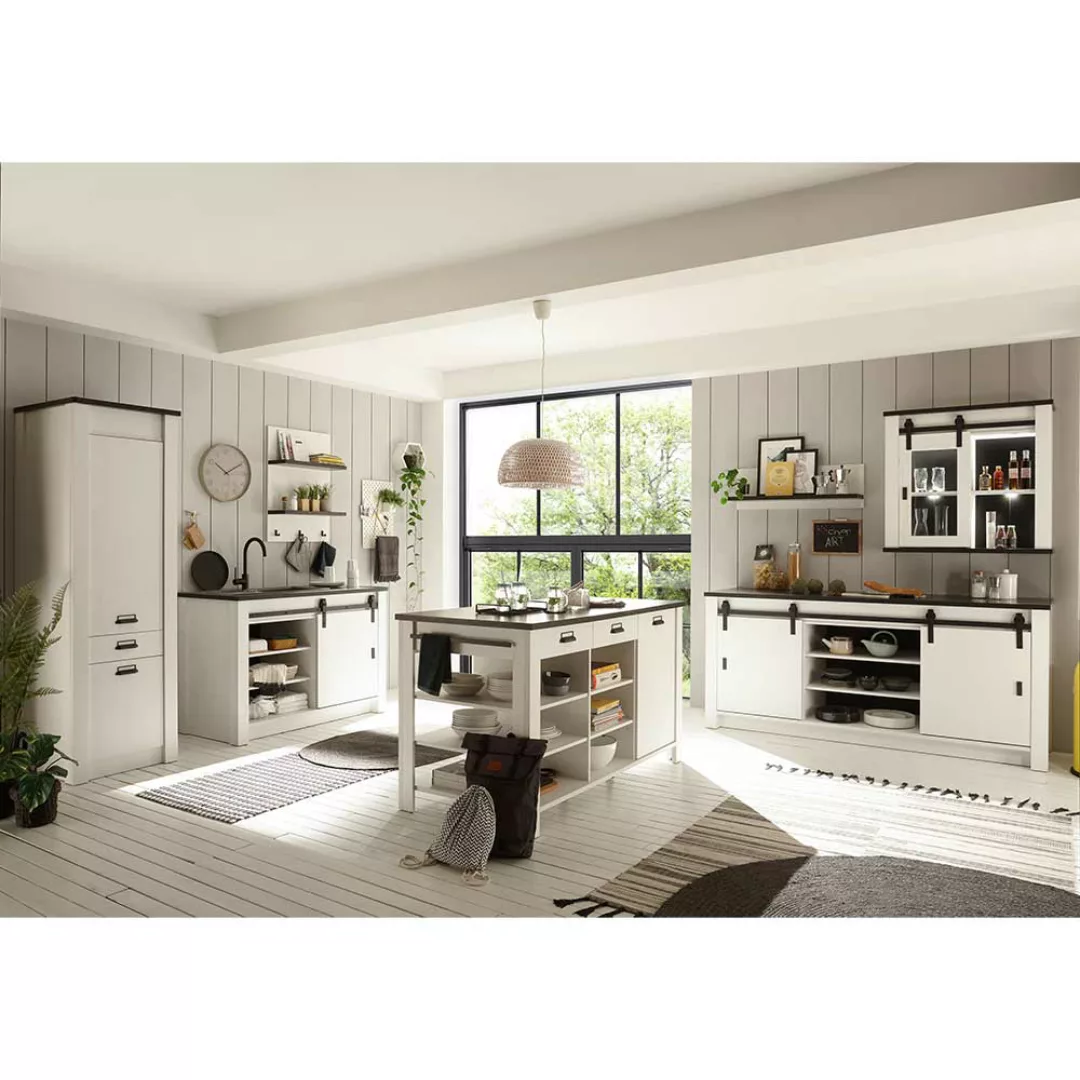 Landhaus Küchenmöbel Set in Weiß Anthrazit (siebenteilig) günstig online kaufen