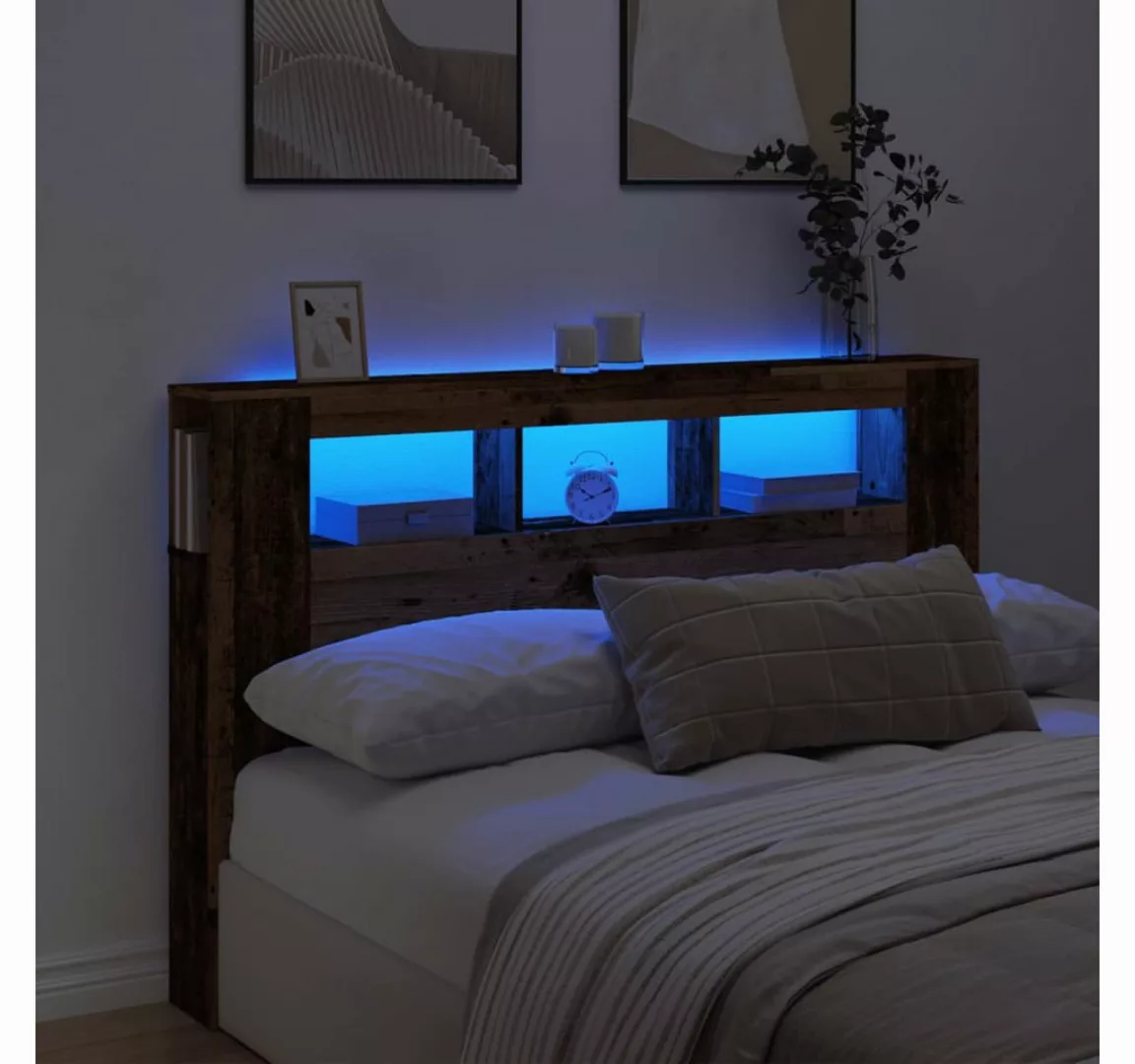 vidaXL Bett, LED-Kopfteil Altholz-Optik 160x18,5x103,5 cm Holzwerkstoff günstig online kaufen