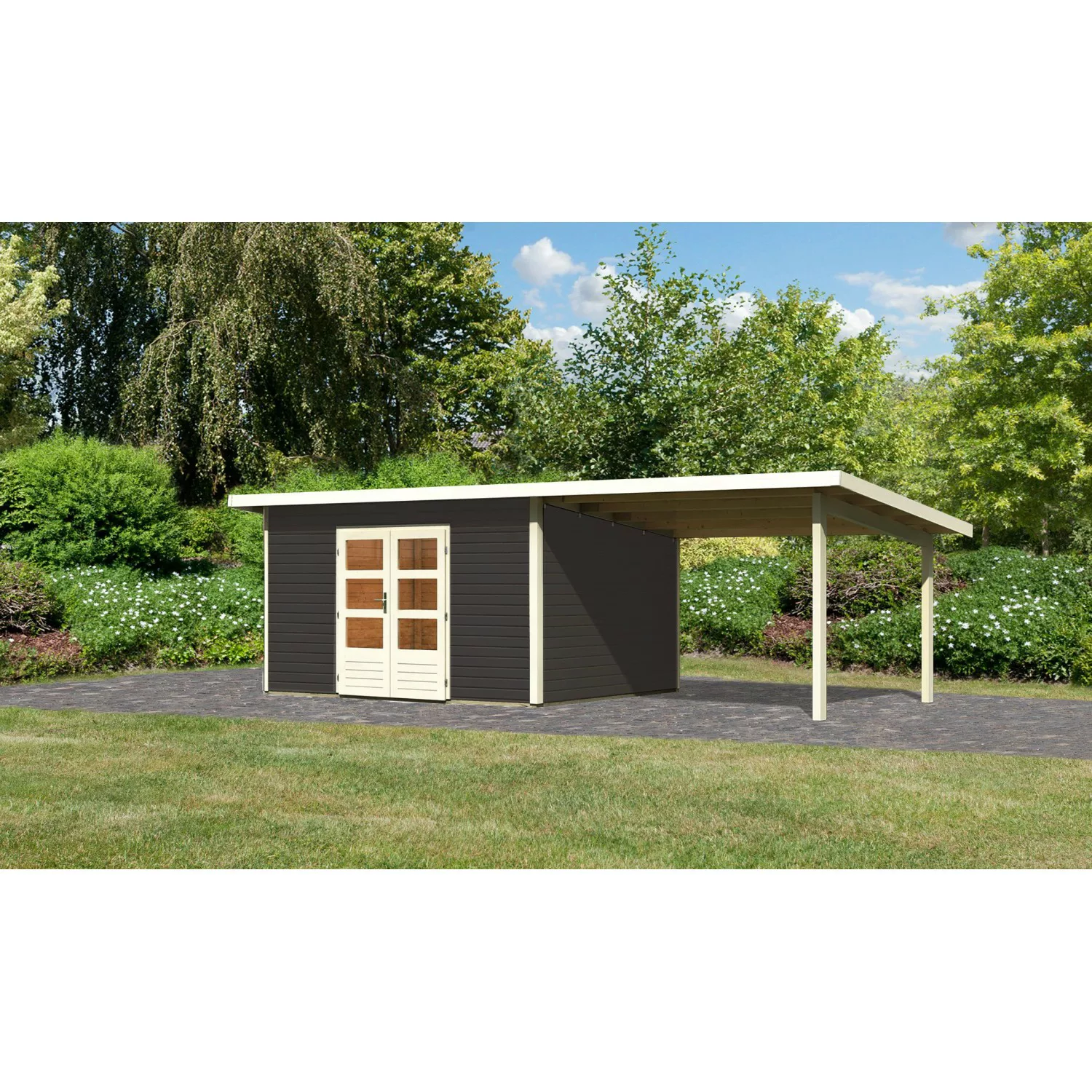 Karibu Holz-Gartenhaus Karlskoga 5 Terragrau Pultdach Lackiert 365 cm x 305 günstig online kaufen