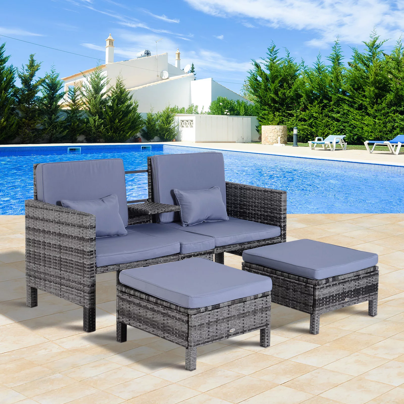 Outsunny 3-tlg. Gartensofa Gartenmöbel Lounge Gartenset Sitzgruppe Rattenmö günstig online kaufen