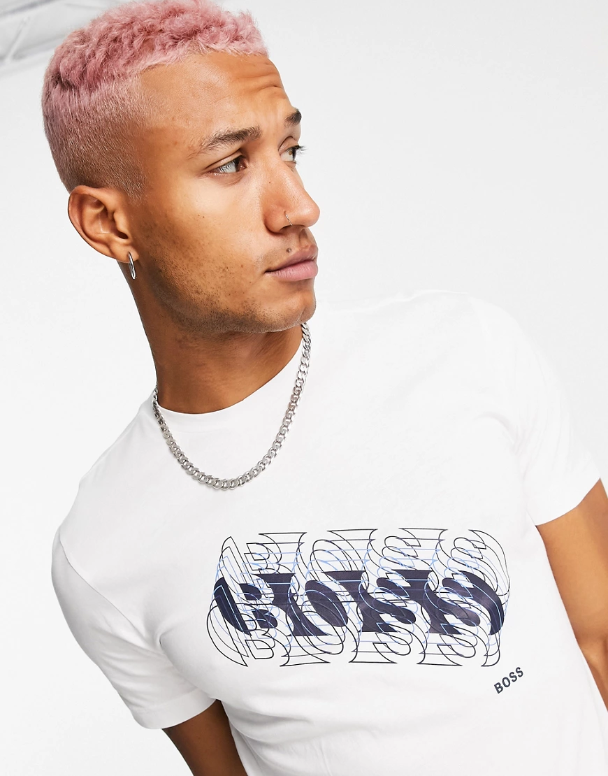 BOSS – Athleisure Tee 3 – Weißes T-Shirt mit großem, diagonalem Logo günstig online kaufen