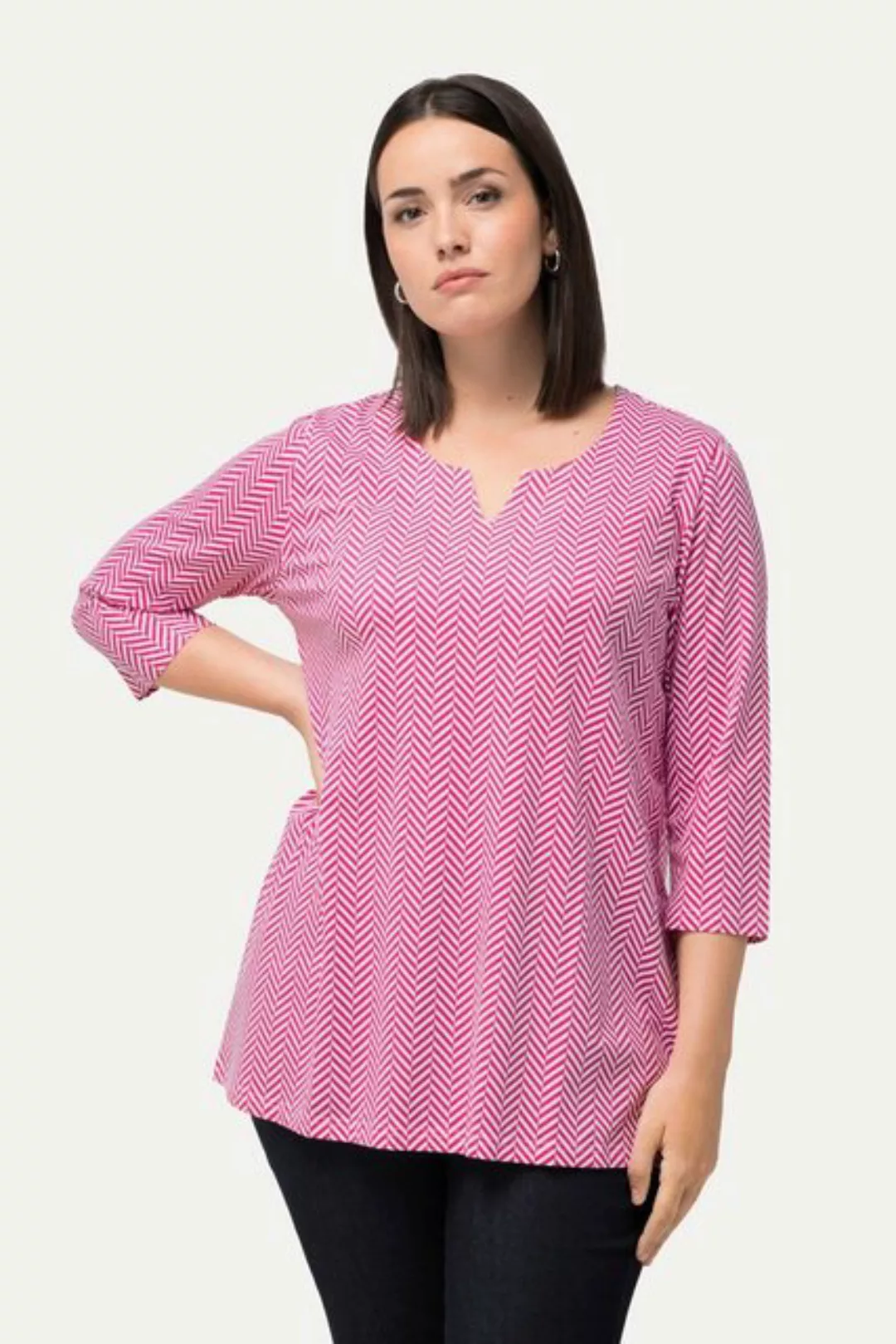 Ulla Popken Rundhalsshirt Shirt Fischgrat A-Linie Tunika-Ausschnitt 3/4-Arm günstig online kaufen