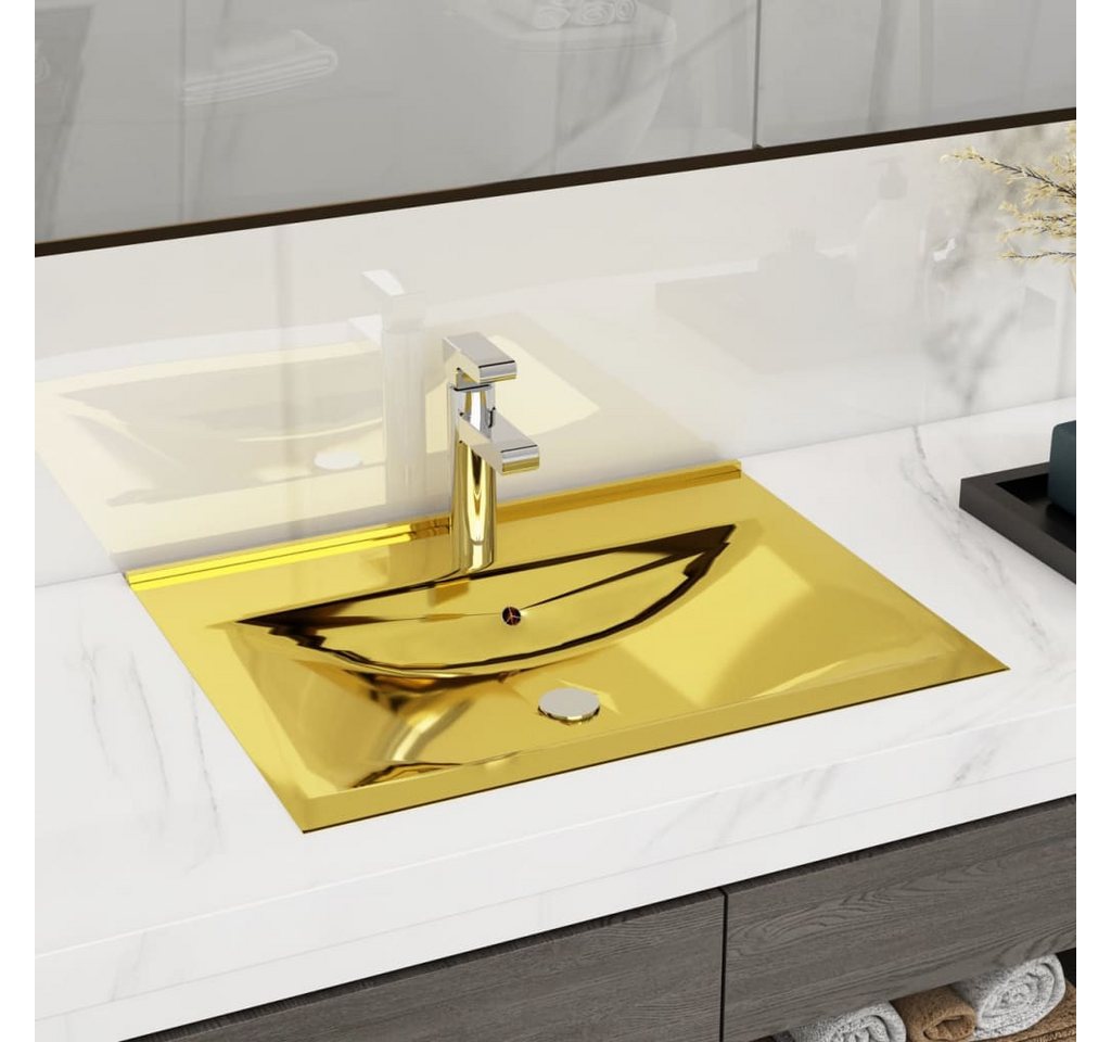 vidaXL Waschbeckenschrank Waschbecken mit Überlauf 60x46x16 cm Keramik Gold günstig online kaufen