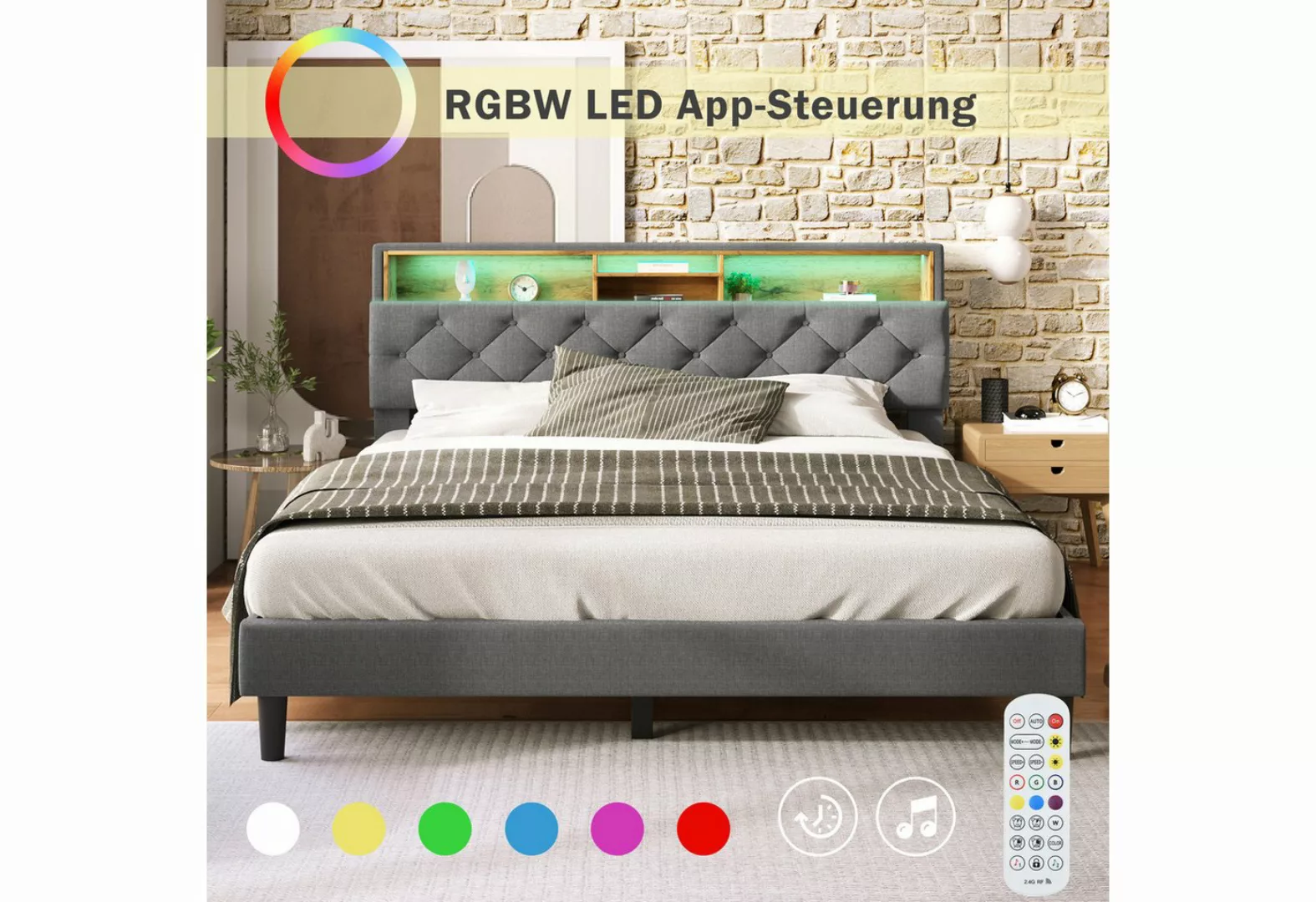 Nebelmeer Bettgestell Polsterbett Doppelbett Stauraum-Kopfteil Bett mit LED günstig online kaufen