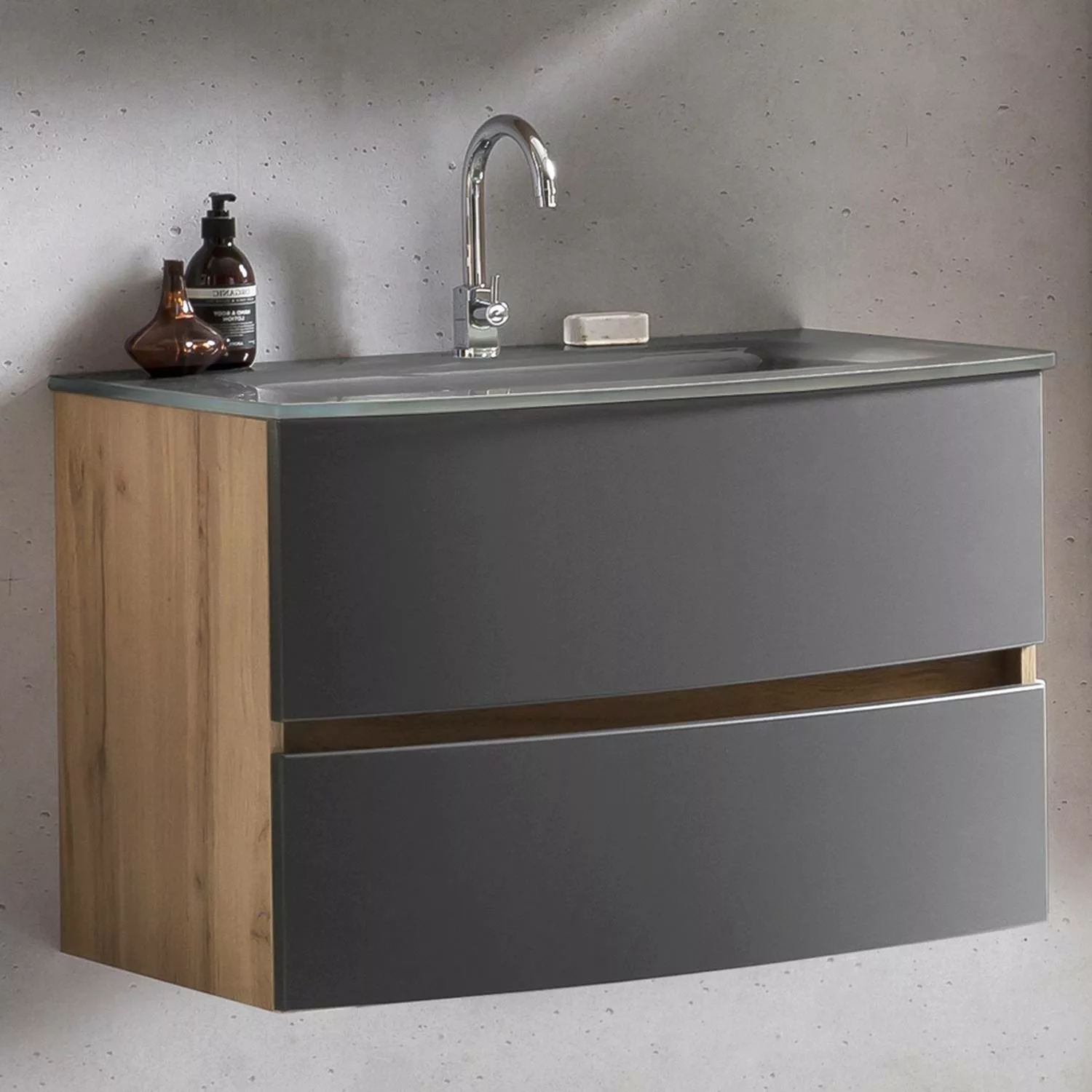 Waschtisch Badezimmer 80 cm Wotaneiche Nb. mit matt grau LAURIA-03 inkl. Gl günstig online kaufen