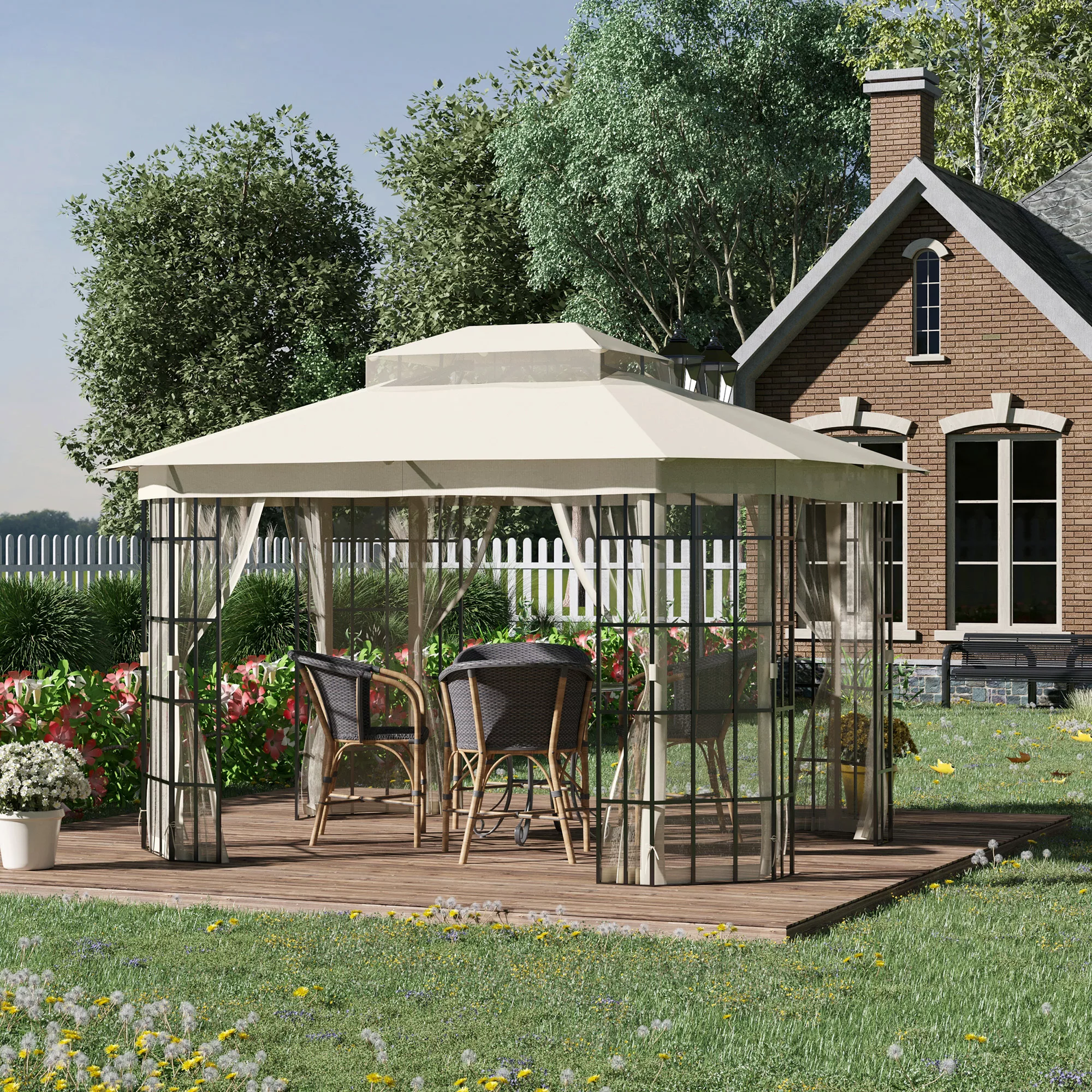 Outsunny Gartenpavillon 3,65x3m  Partyzelt mit atmungsaktivem Doppeldach & günstig online kaufen