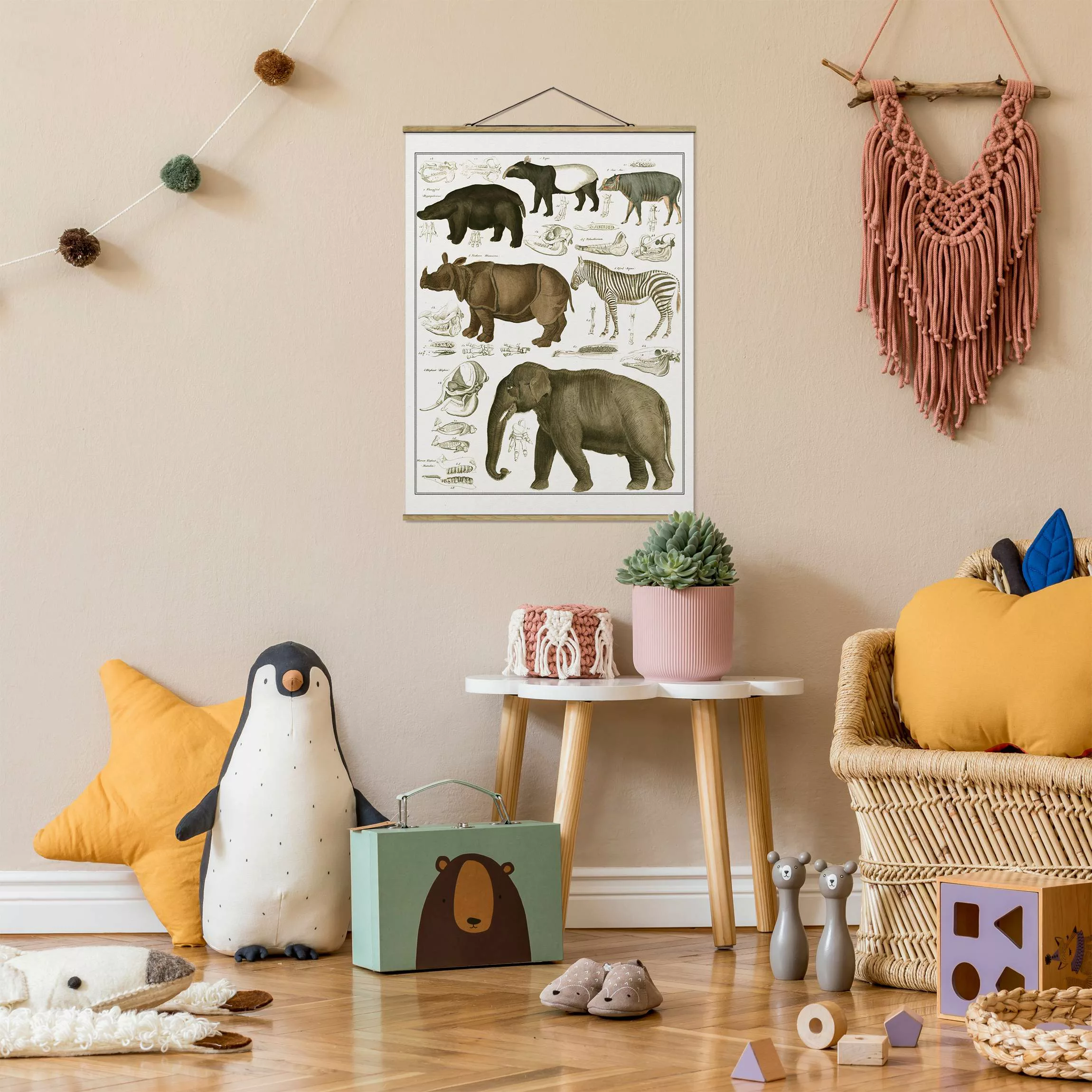 Stoffbild Tiere mit Posterleisten - Hochformat Vintage Lehrtafel Elefant, Z günstig online kaufen