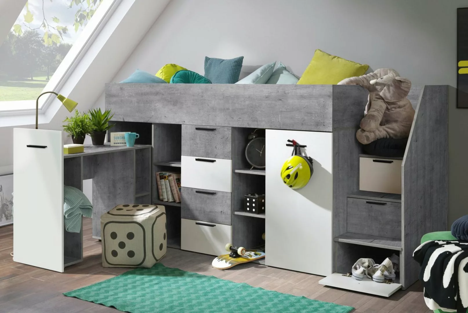 Unique Home Hochbett Kinderbett KON3-P, Hochbett mit Schreibtisch, Schrank günstig online kaufen