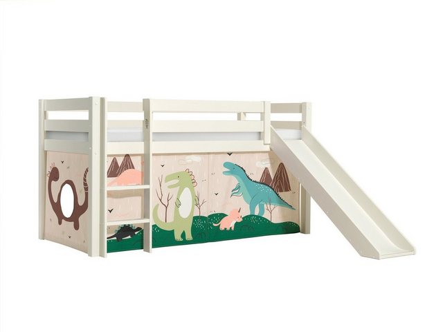Natur24 Kinderbett Halbhohes Bett Pino mit Rutsche und Textilset Dino Kiefe günstig online kaufen