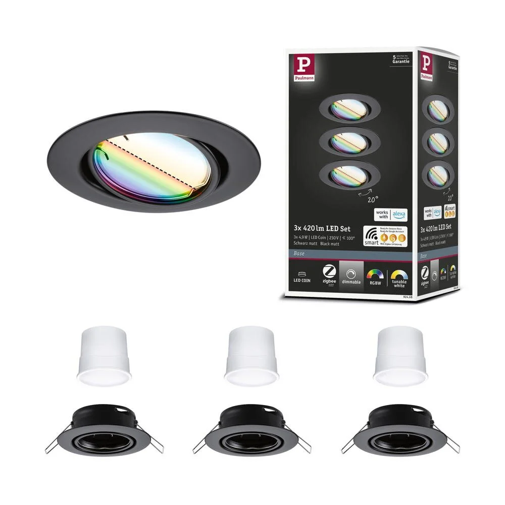 Paulmann Coin Base LED-Einbauspot schwarz 3er RGBW ZigBee günstig online kaufen