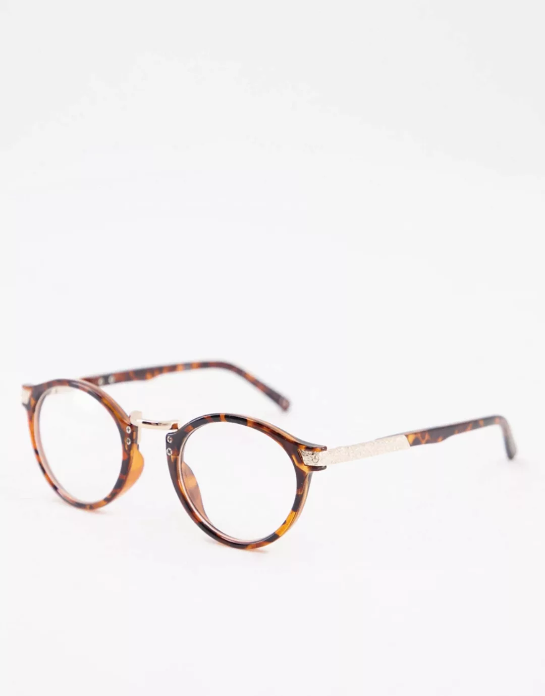 ASOS DESIGN – Brille in Schildpatt mit runden Gläsern und Nasensteg aus Met günstig online kaufen