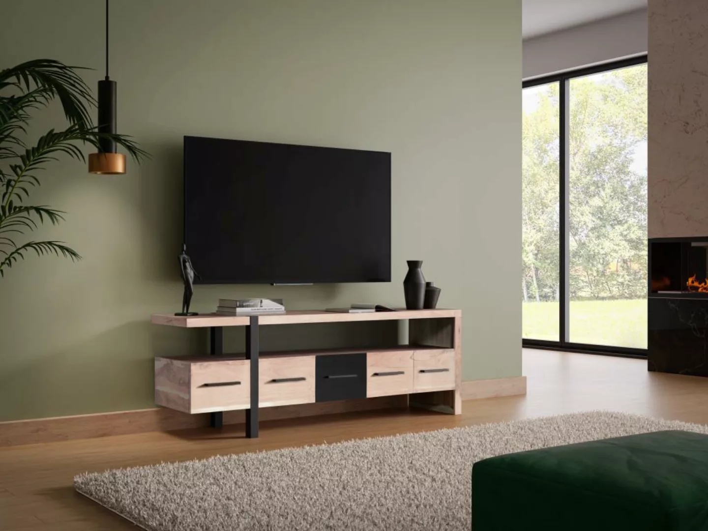 TV-Möbel mit 5 Schubladen & 1 Regal - Akazienholz & Metall - Holzfarben hel günstig online kaufen