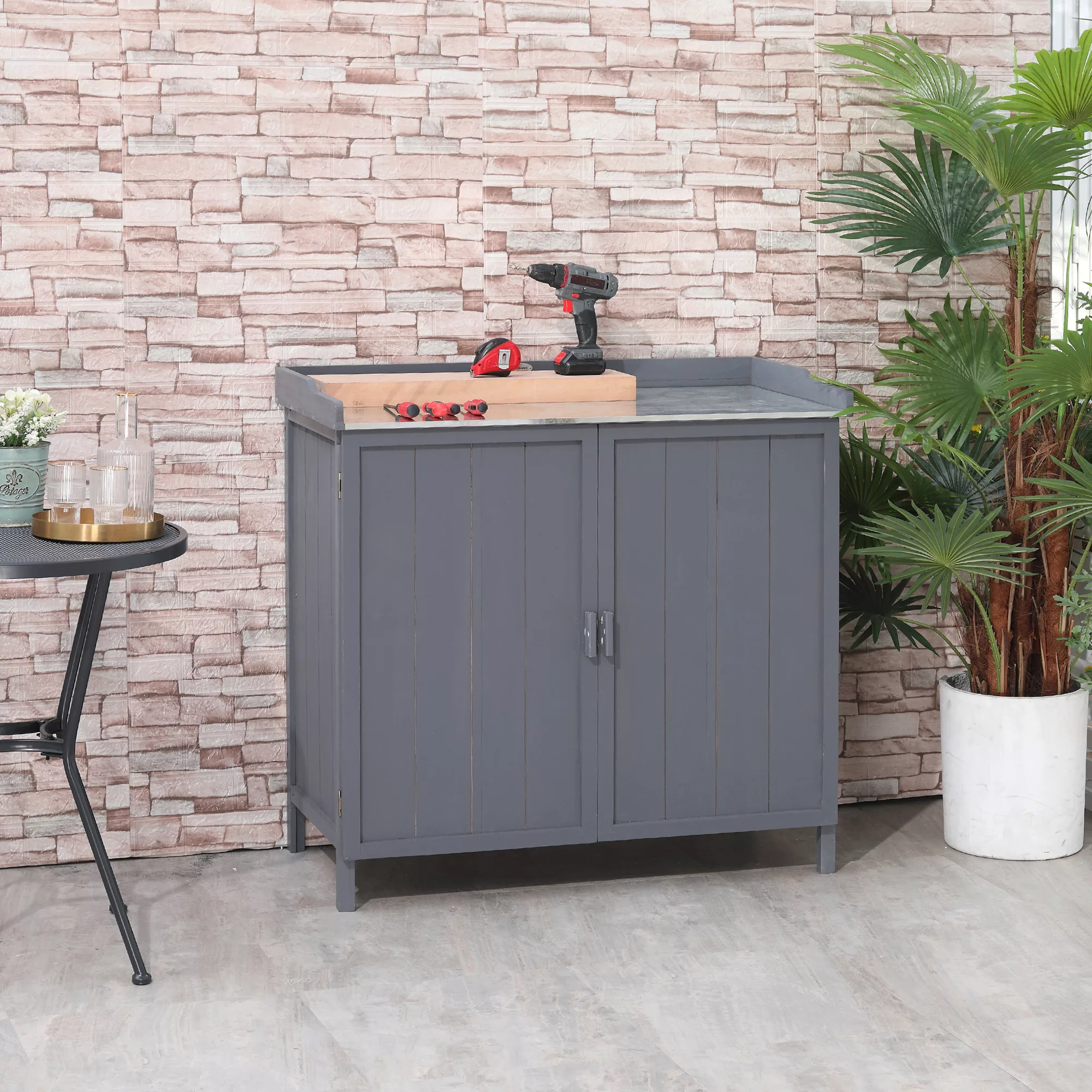 Outsunny Freistehender Gartenschrank-Pflanztisch-Kombination Doppeltür, Reg günstig online kaufen