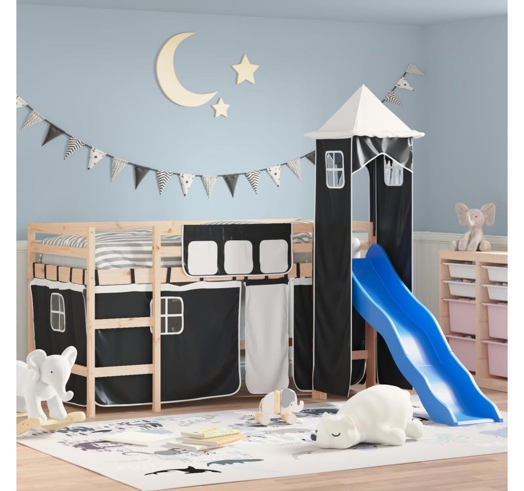 vidaXL Kinderbett Kinderhochbett mit Turm Weiß Schwarz 80x200 cm Kiefernhol günstig online kaufen