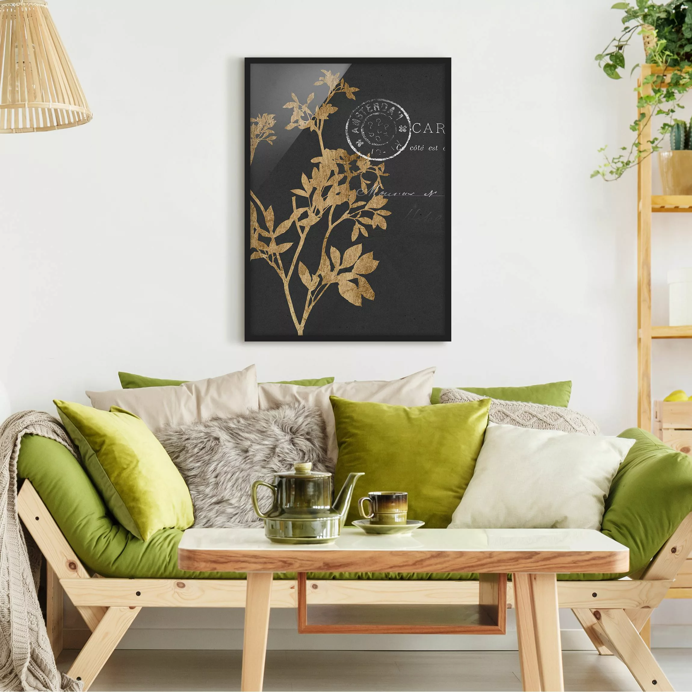 Bild mit Rahmen Blumen - Hochformat Goldene Blätter auf Mokka I günstig online kaufen