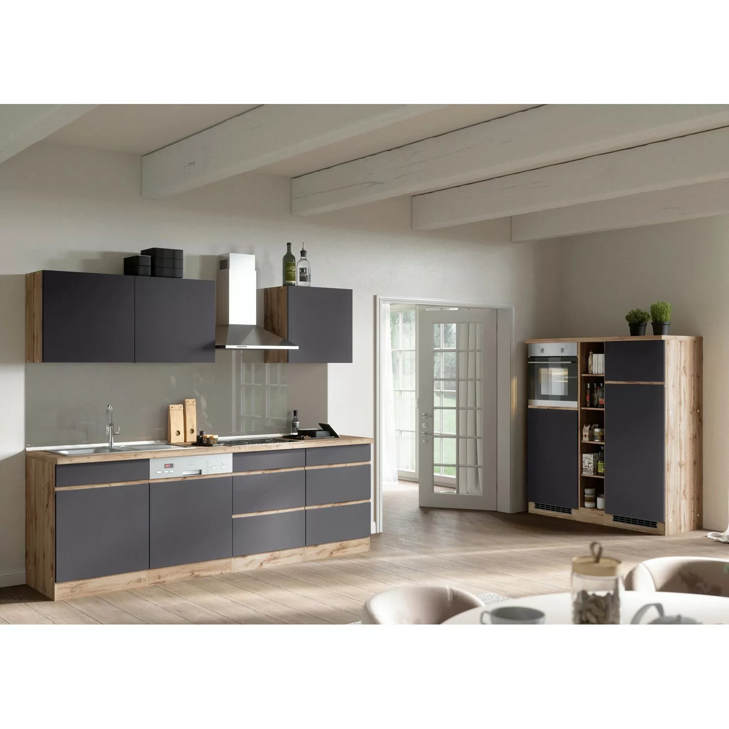 Held Möbel Küchenzeile/Küchenblock Turin 390 cm Graphit-Wotaneiche ohne E-G günstig online kaufen