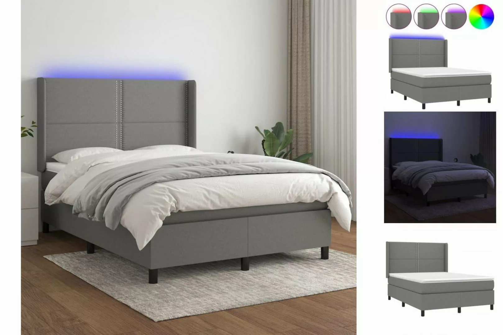 vidaXL Bettgestell Boxspringbett mit Matratze LED Dunkelgrau 140x200 cm Sto günstig online kaufen