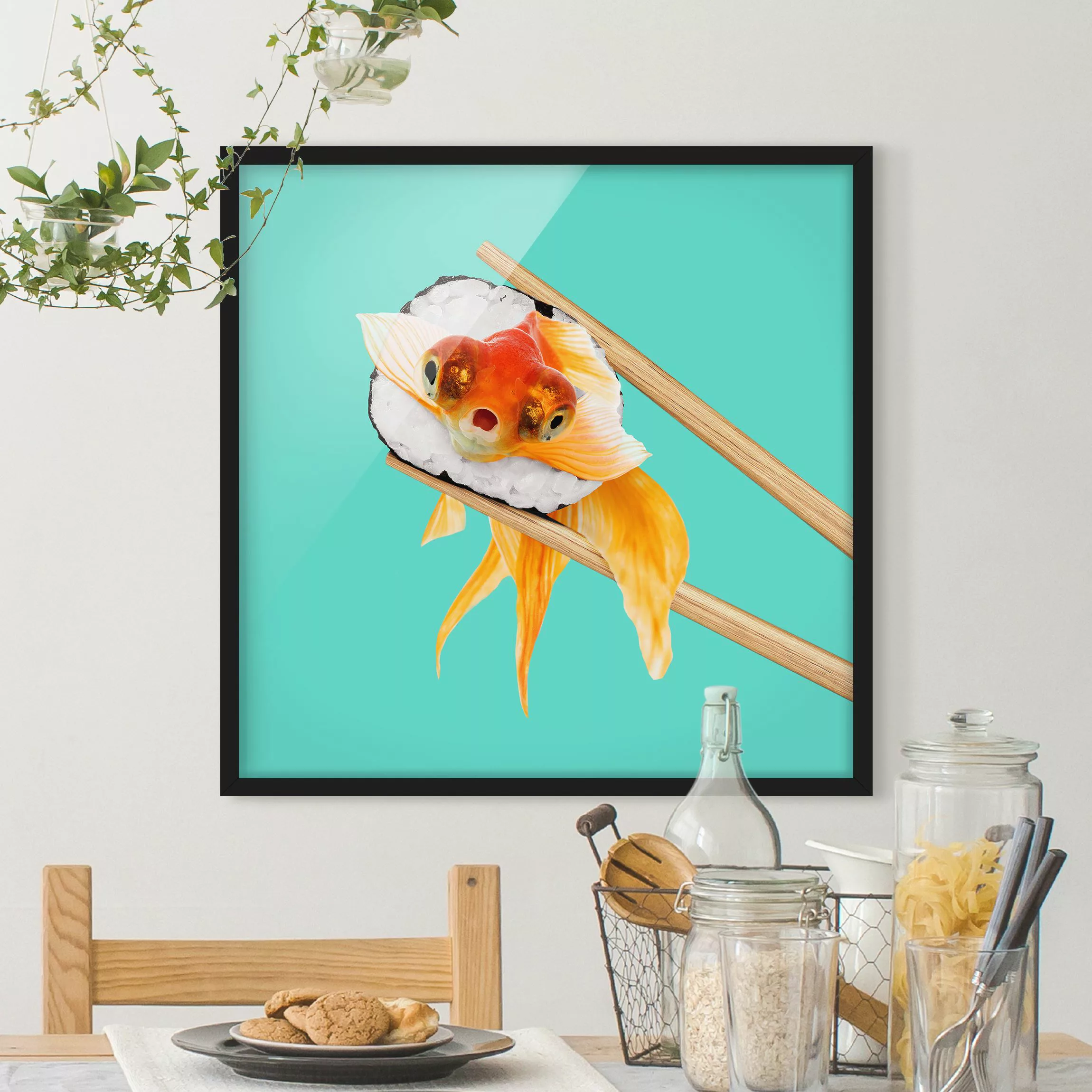 Bild mit Rahmen Küche - Quadrat Sushi mit Goldfisch günstig online kaufen