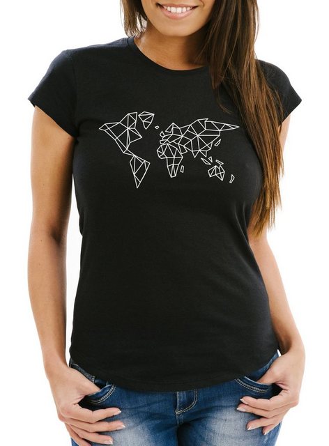 MoonWorks Print-Shirt Damen T-Shirt Weltkarte World Map Low Polygon Slim Fi günstig online kaufen