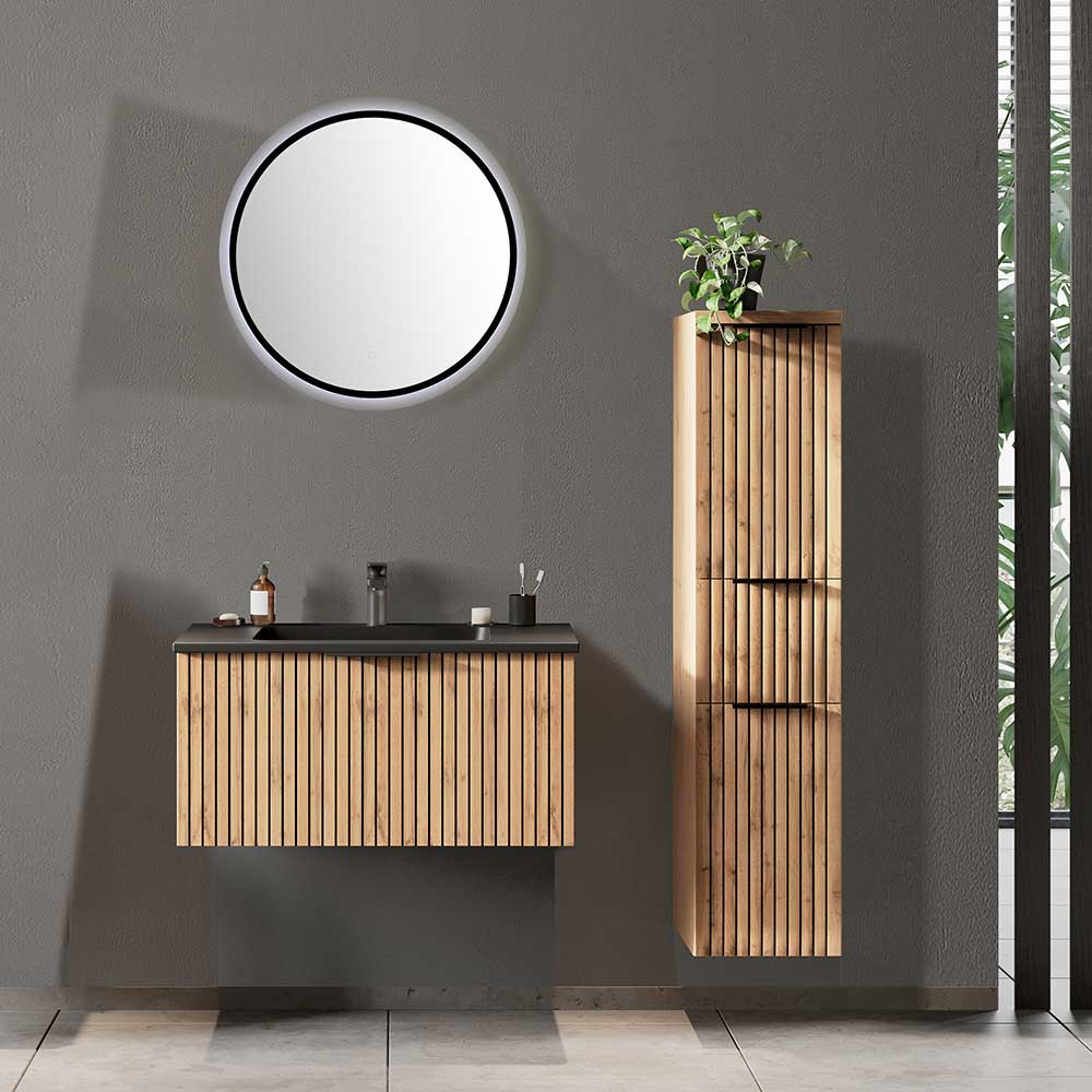 Möbel modernes Bad in Wildeichefarben Schwarz (dreiteilig) günstig online kaufen